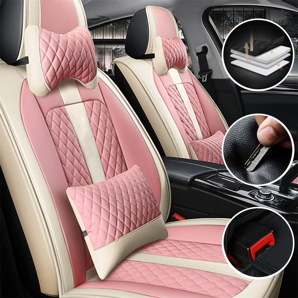 Premium Universal Car Seat Covers - Luxury 2-Piece Set for Honda Accord IX (2014-2017) | Soft Leather, Durable & Comfortable Seat Protectors | Perfect for Daily Commute, Road Trips & Family Travel (Beige/Pink)