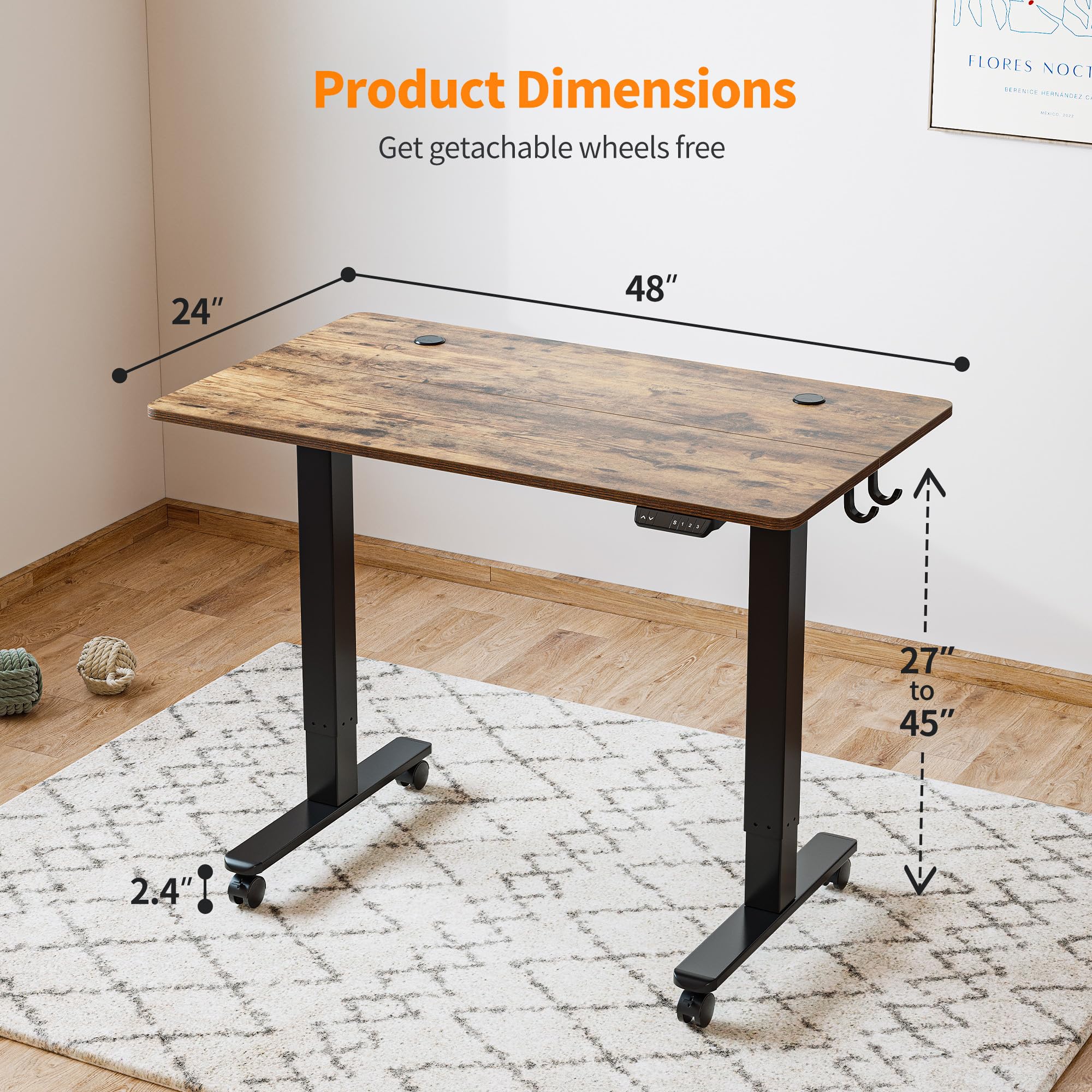 BANTI 48 Inch Electric Height Adjustable Standing Desk - Sit Stand Up Workstation with Rustic Brown Top | Ergonomic Home Office Desk for Work from Home & Gaming Setup