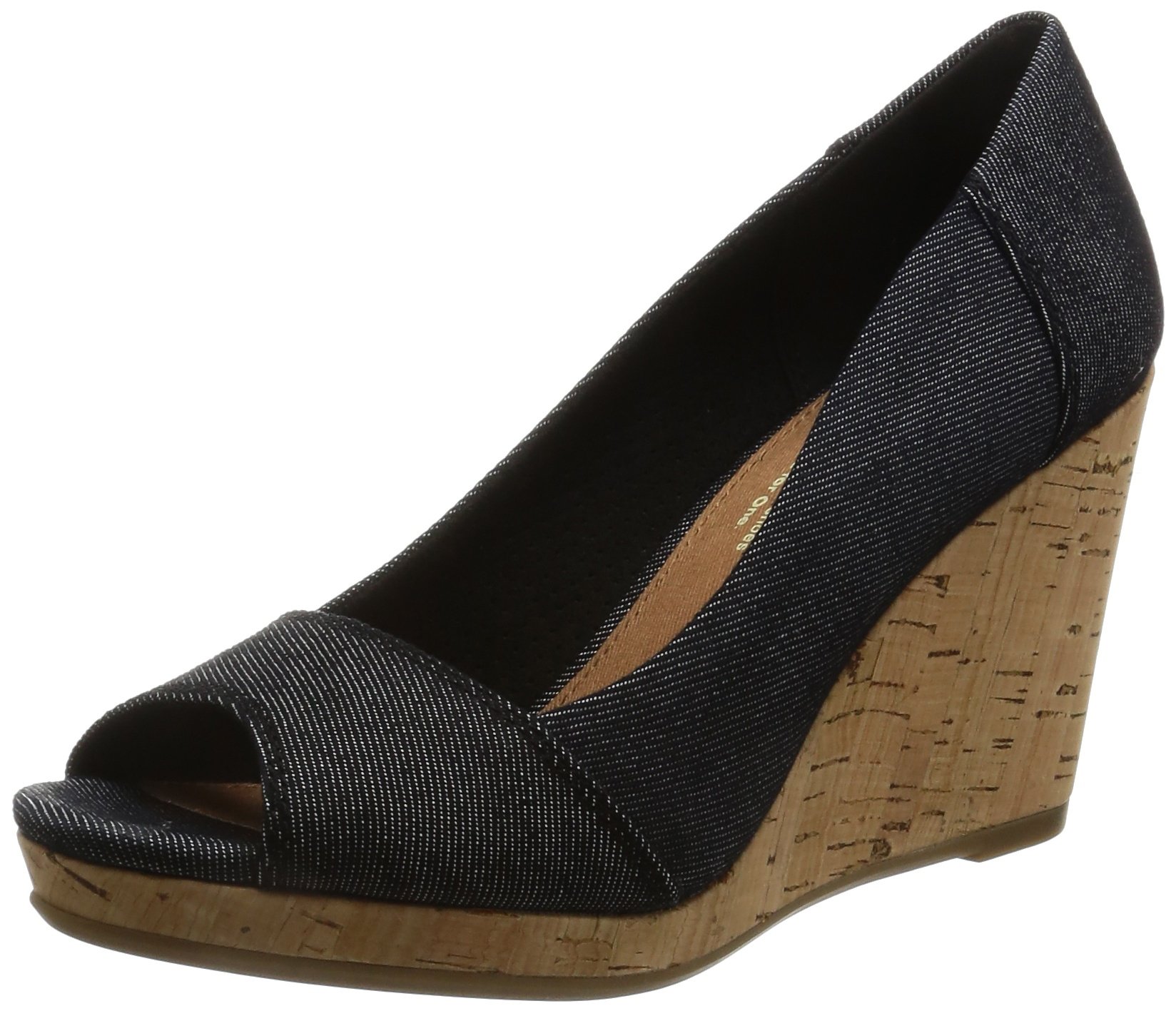 TOMS Women's Black Denim Stella Peep-Toe Wedge Sandals - Comfortable Summer Shoes for Beach, Vacation & Casual Outings