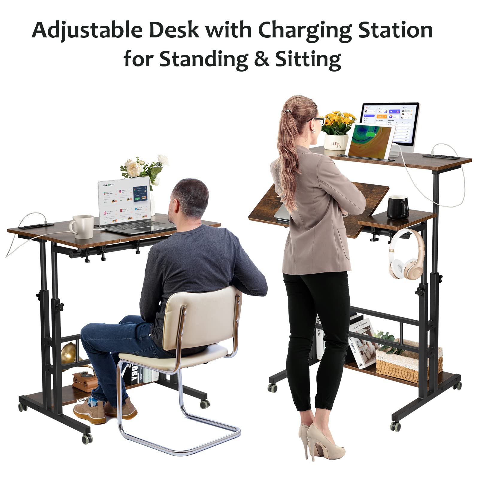 Hadulcet Adjustable Mobile Standing Desk with USB Charging Station - 31.49