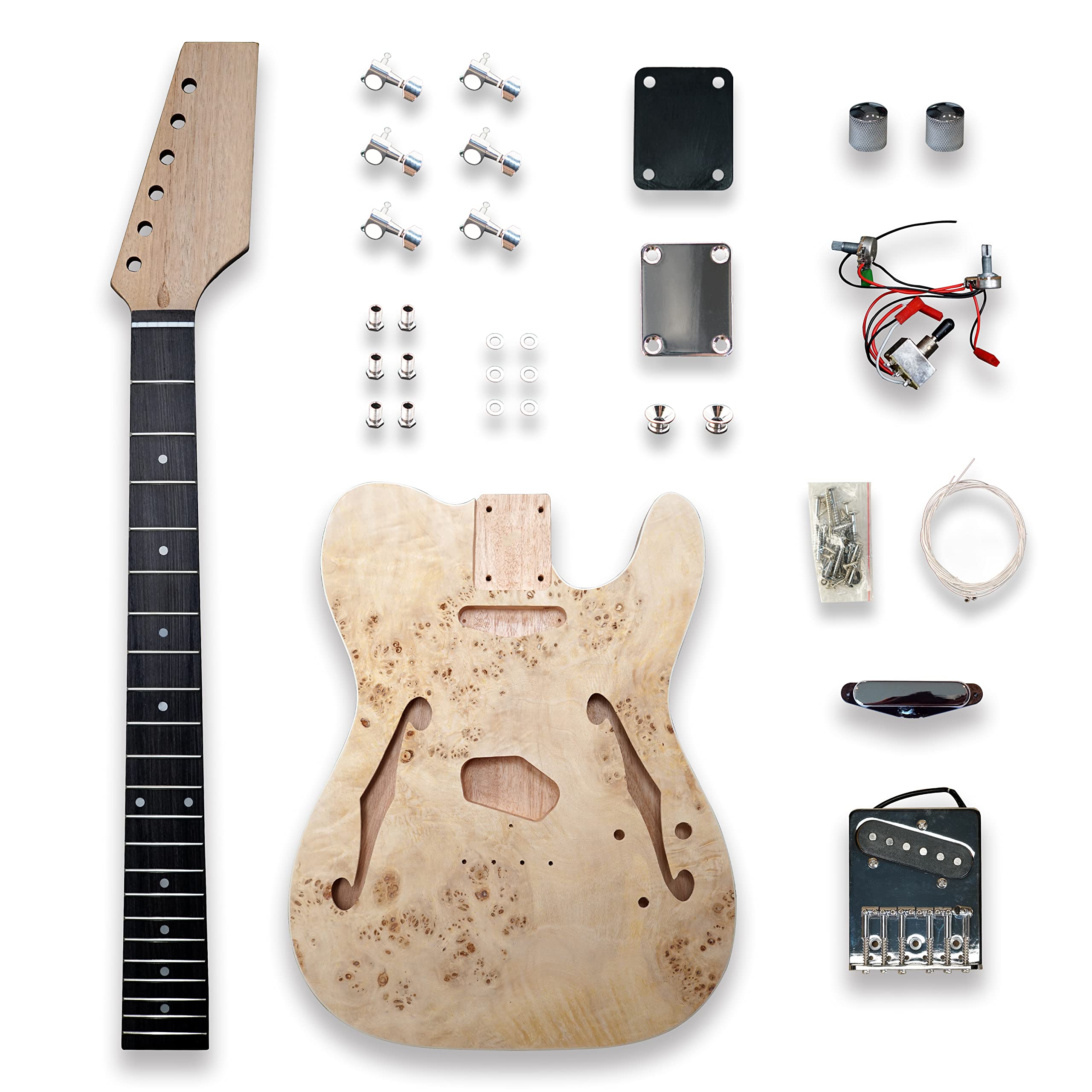 BexGears DIY Electric Guitar Kit for Beginners - Birdseye Maple Veneer Top, Mahogany Body & Neck, Chrome Hardware (Right-Handed) - Perfect for Home Building, Music Education & Custom Guitar Projects
