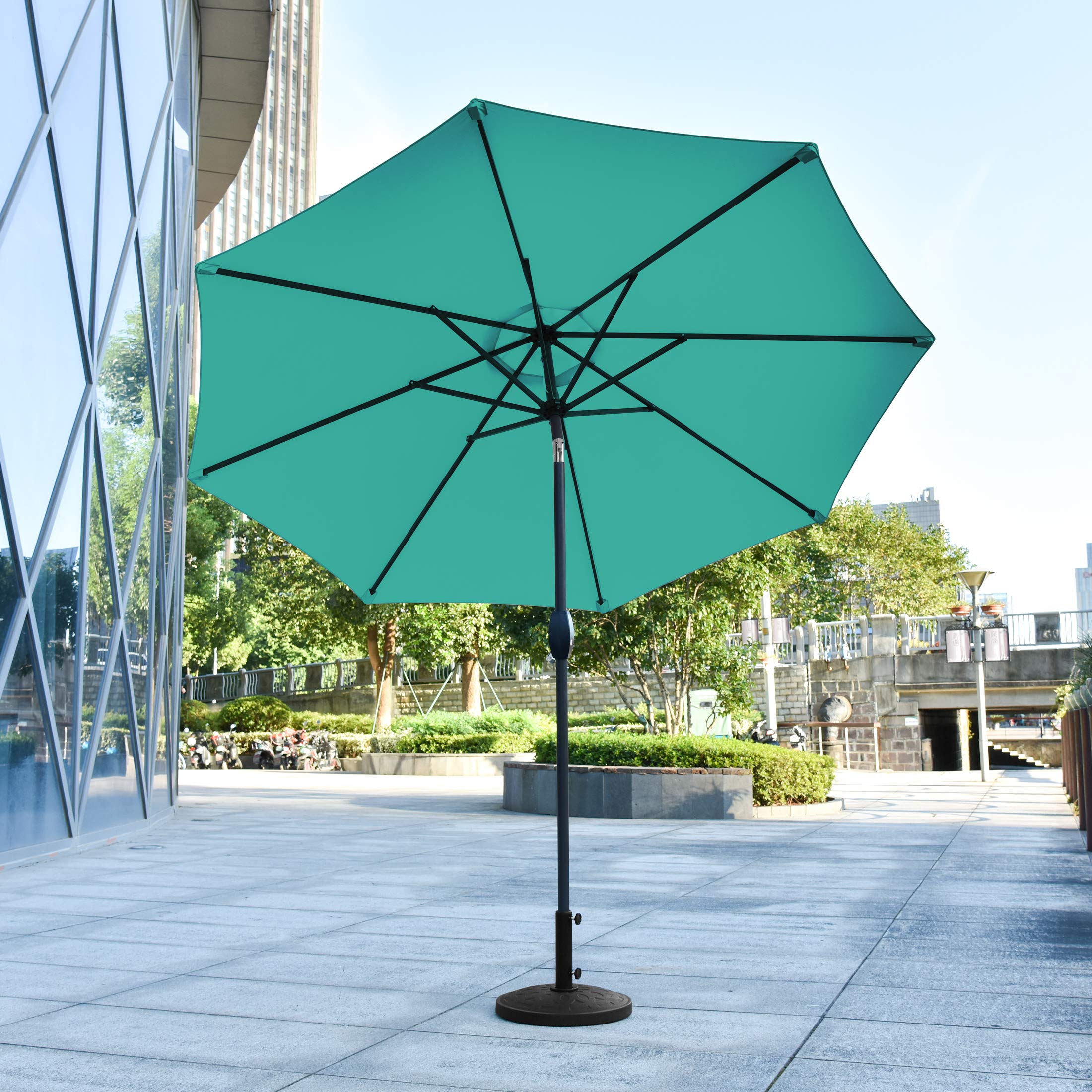 WO Home Furniture 9ft Outdoor Patio Umbrella with Heavy Duty Base - Round Market Table Umbrella for Sun Shade - Perfect for Backyard, Poolside, and Beach Use