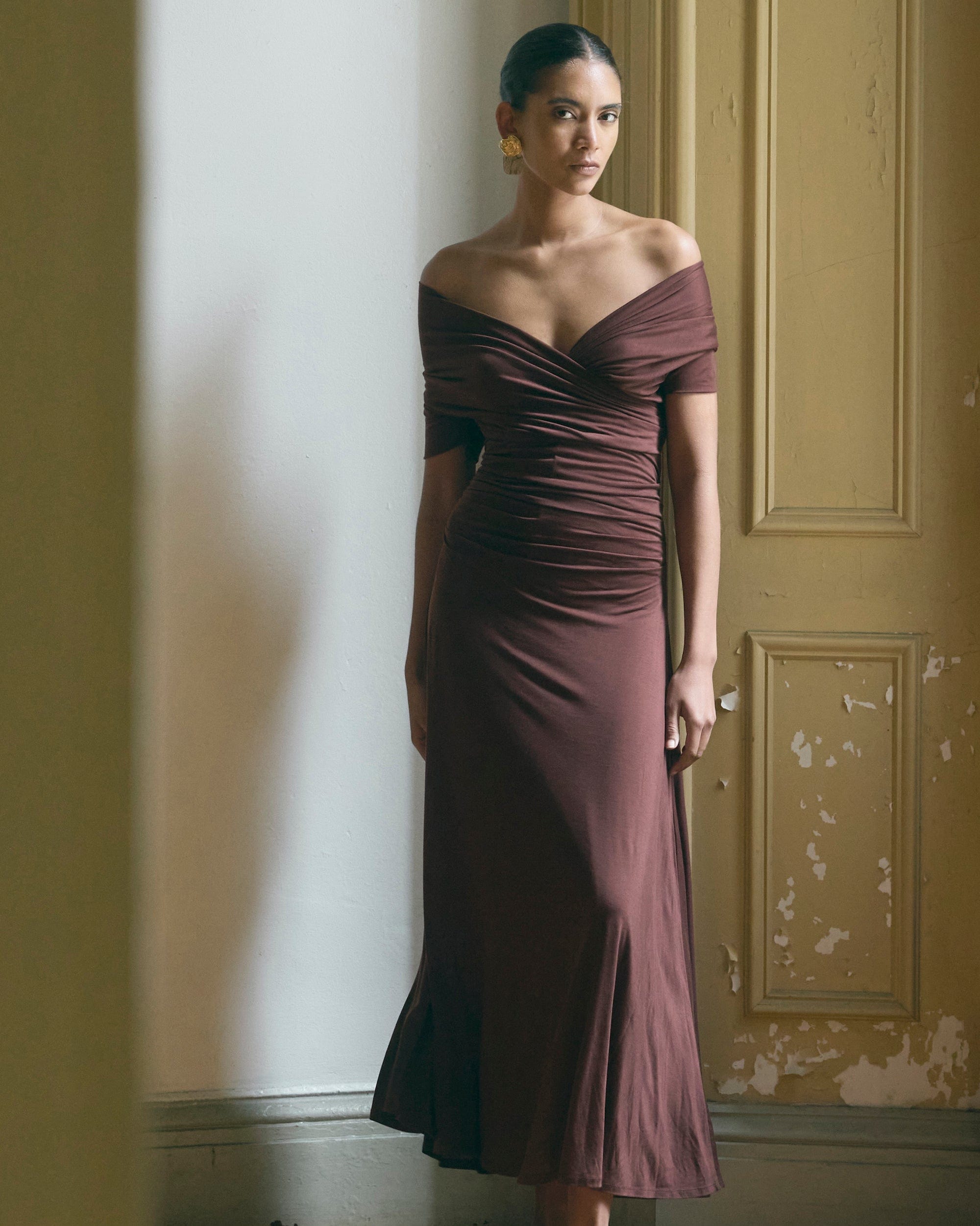 Thilda Ruched Off Shoulder Dress for Women - Elegant Bodycon Midi Dress for Party, Date Night & Special Occasions