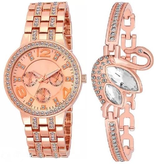 Elegant Rose Gold Analog Quartz Watch with Gift Bracelet for Women & Girls - Perfect for Everyday Wear, Office, Parties & Special Occasions