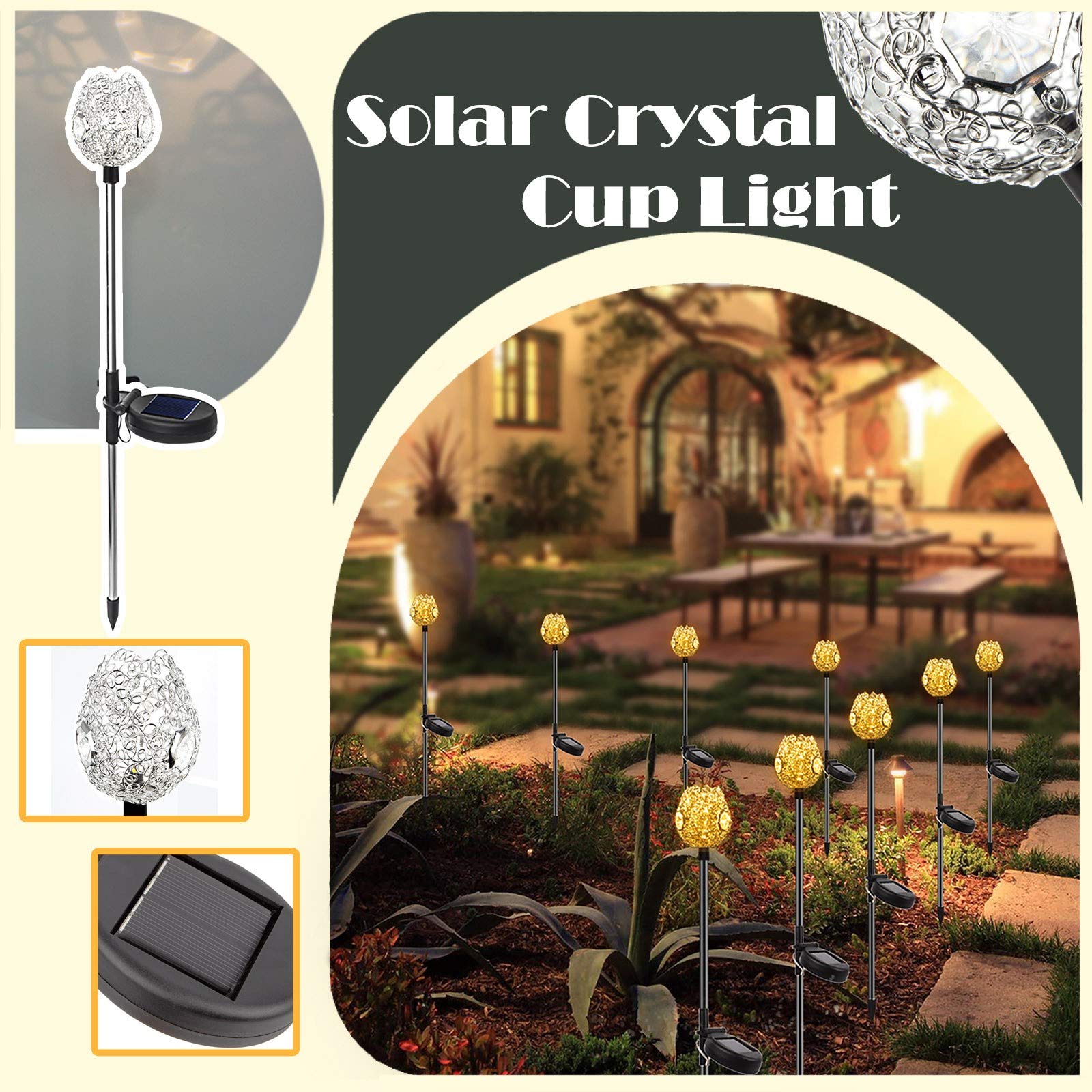 Solar Powered Outdoor Lights - Waterproof LED Garden Lights with Crystal Cup Design for Yard, Patio, Lawn Decoration | Perfect for Landscape Lighting, Pathway Illumination & Backyard Ambience