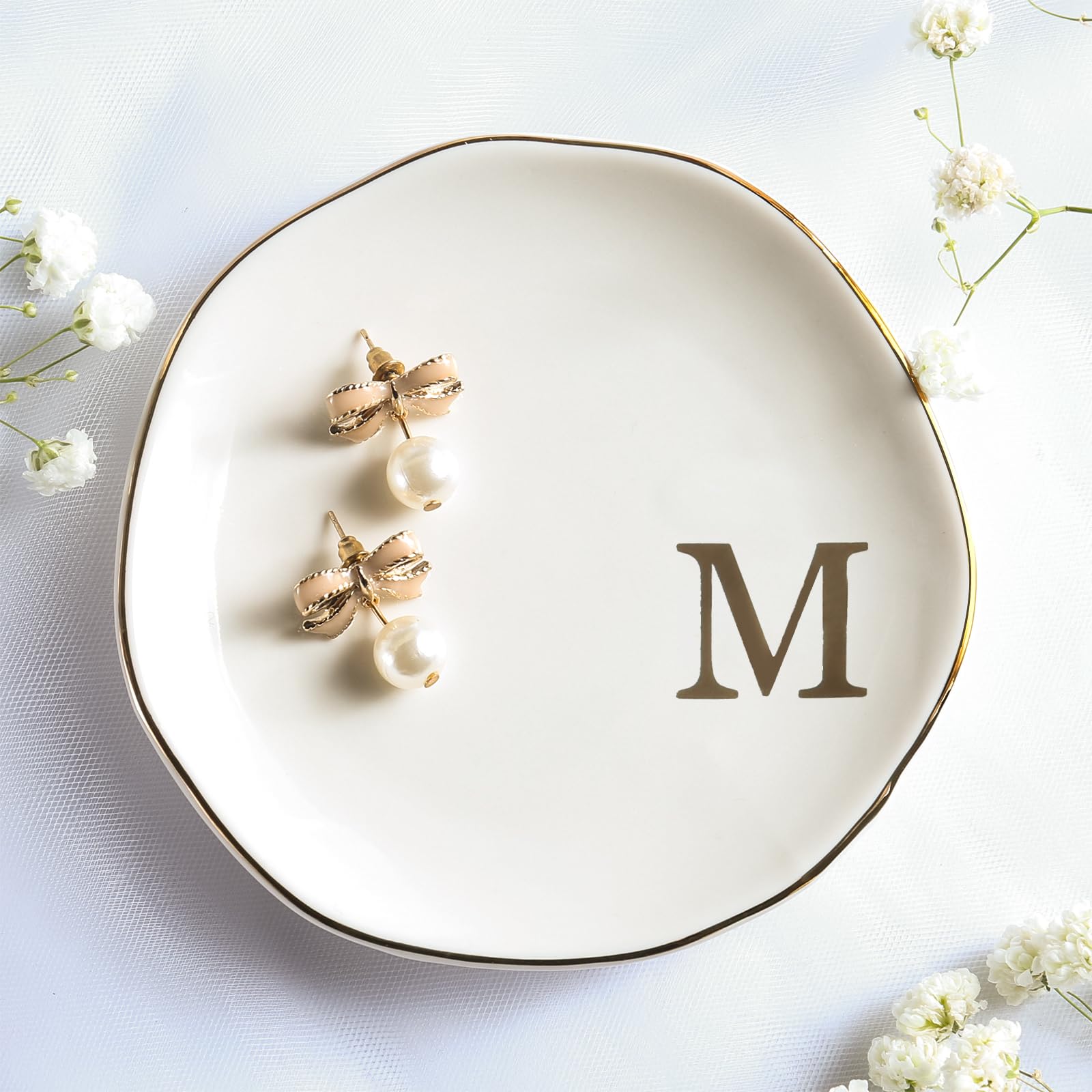 Personalized Ceramic Jewelry Tray with Monogram - Elegant Ring Dish for Engagement, Wedding & Birthday Gifts - Perfect for Women, Mothers Day - White Ceramic 4.75