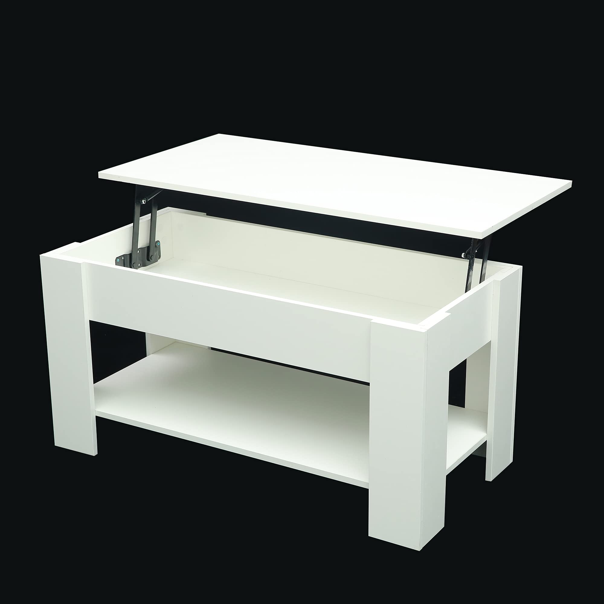 Lift Top Coffee Table with Hidden Storage & 2 Open Shelves - White Modern End Table for Living Room, Reception Area, Office - Perfect for Small Space Organization & Remote Work Setup