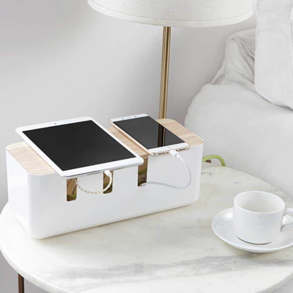 Cable Management Box - Wooden & ABS Plastic Cord Organizer for Power Strips, Extension Cords & Wires - Hide Cables Neatly Under Desk, Behind TV or in Home Office