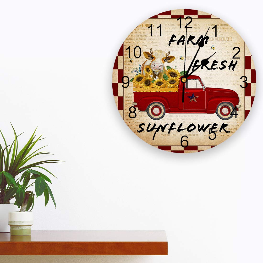 10 Inch Silent Non-Ticking Wall Clock - Battery Operated Round Farmhouse Decor with Red Truck & Sunflower Design - Perfect for Living Room, Kitchen, Home Office, School (USA Country Style)