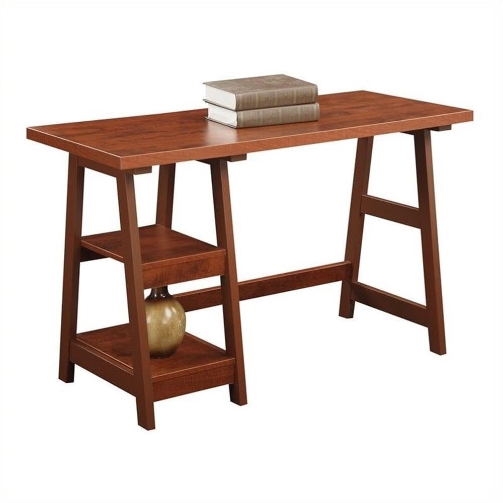 Pemberly Row Modern Wood Trestle Desk with Storage Shelves - Cherry Finish Home Office Furniture for Work & Study