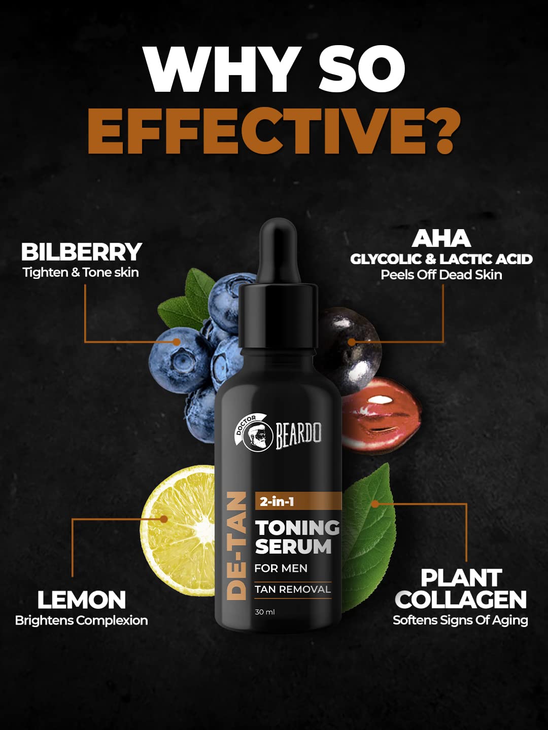 Beardo 2-in-1 Detan Serum + Toner For Men, 30ml | Brightening Face Serum with AHA & Plant Collagen | Dark Spot Remover & Exfoliator | Perfect for Daily Skincare & Post-Shave Routine