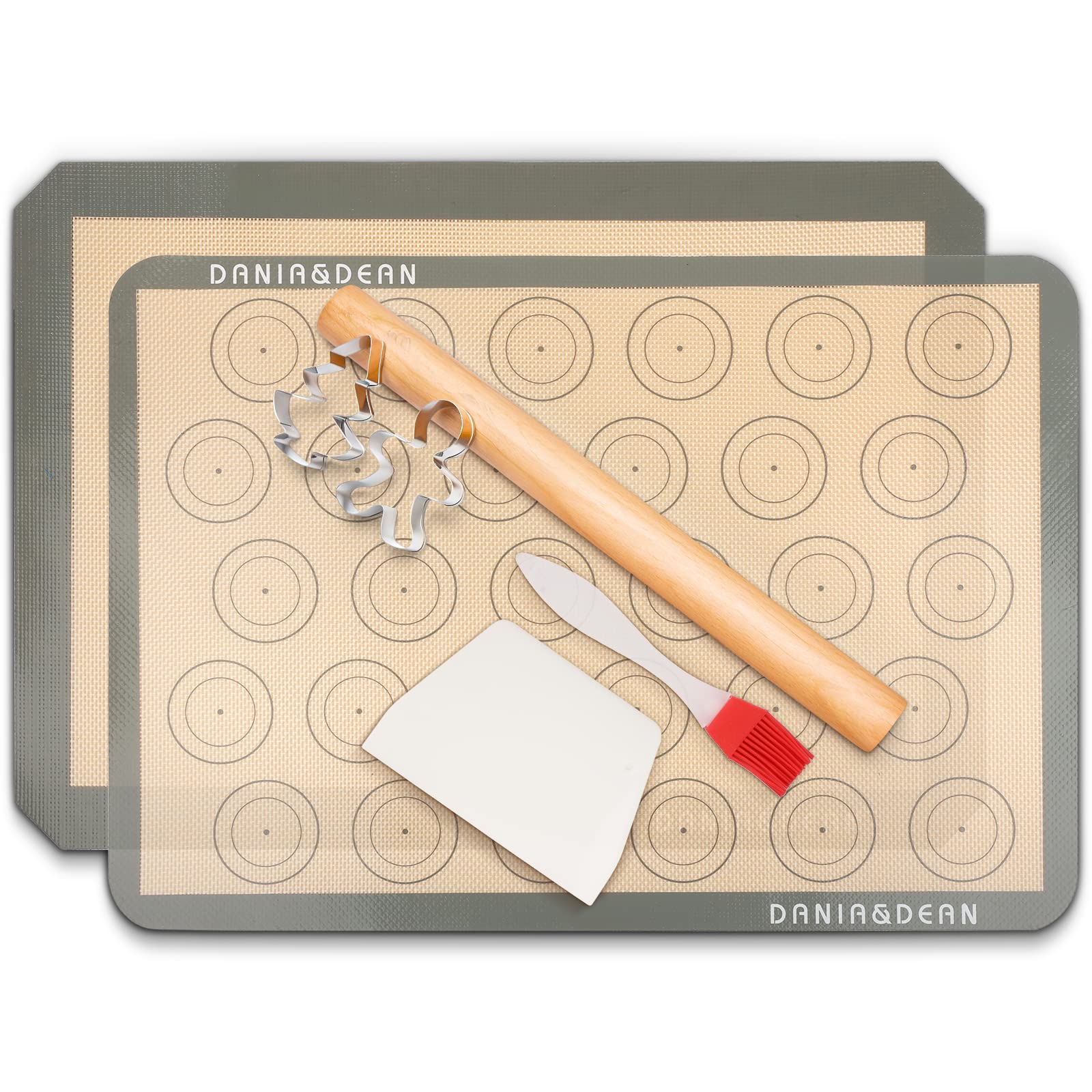 Non-Stick Silicone Baking Mats Set - Reusable Half Sheets, Rolling Pin, Dough Scraper, Oil Brush & Cookie Cutters for Macarons, Pies, Cookies - Oven Safe & Food Grade for Baking, Cooking & Decorating