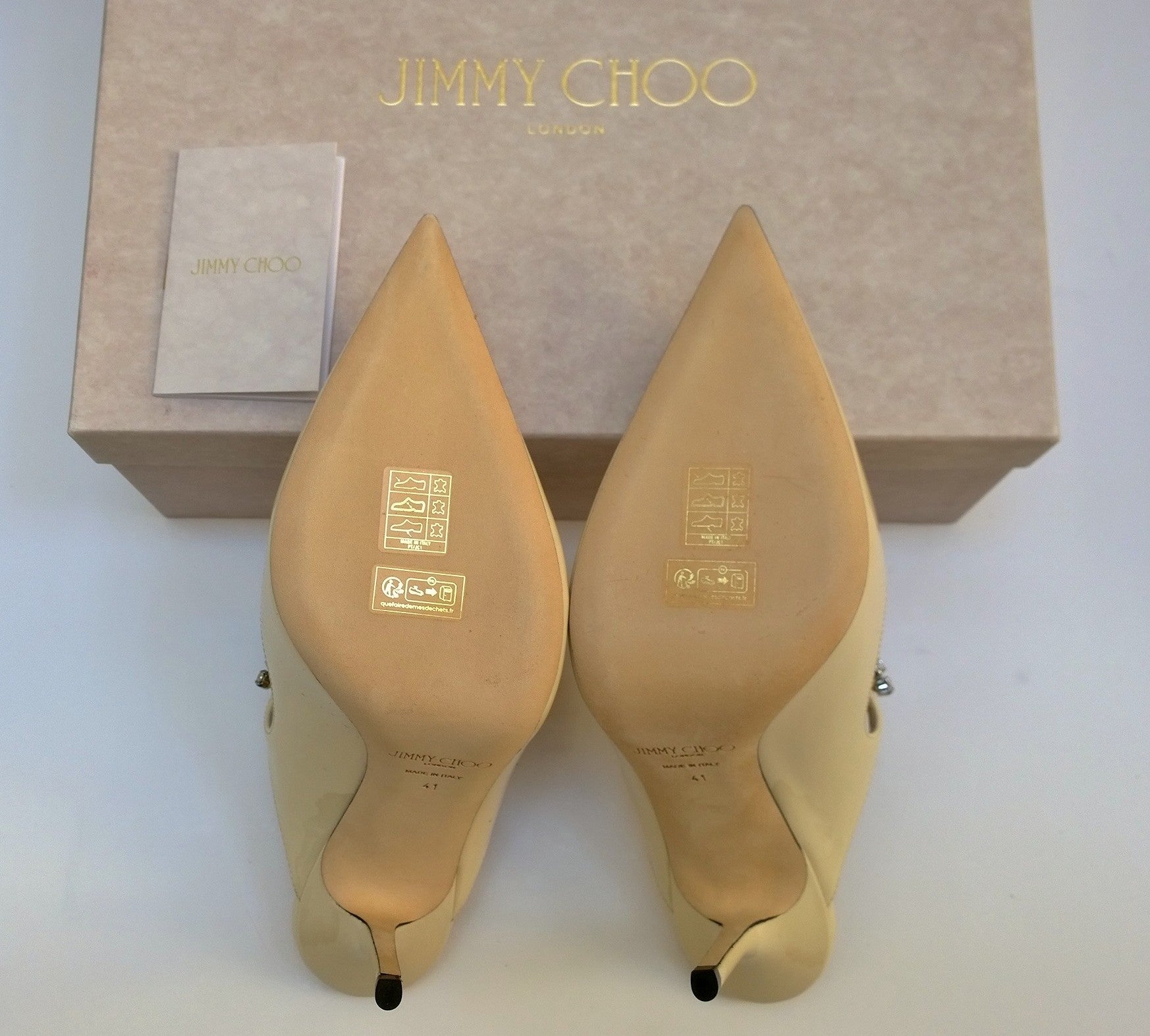 Jimmy Choo Bing 100 Linen Cream Patent Rhinestone Mules Heels - Elegant Women's Dress Sandals for Weddings, Parties & Special Occasions