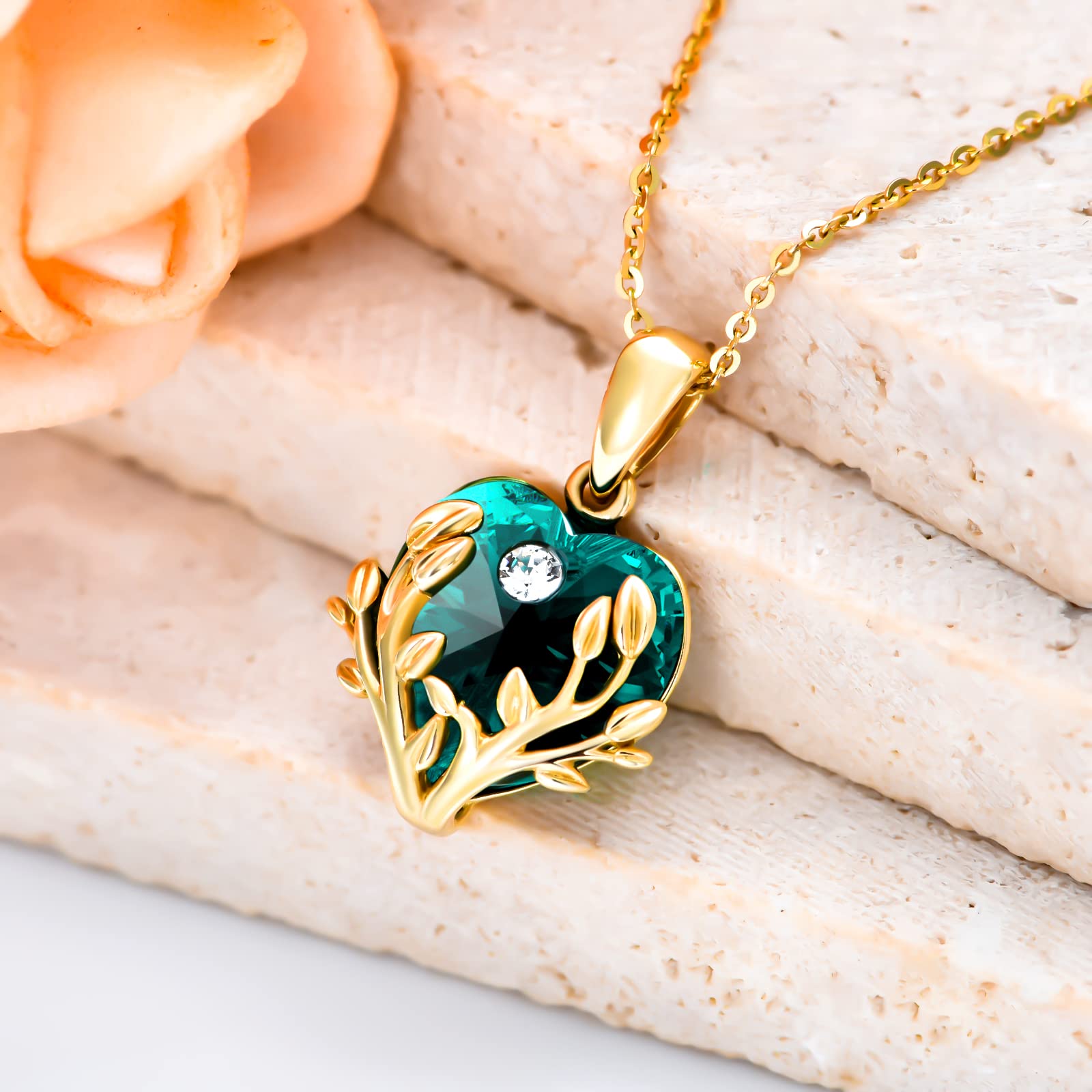 YDD 9ct Real Gold Tree of Life Necklace with Love Heart Crystal Pendant - Dainty Family Jewelry for Women, Perfect Christmas, Mother's Day & Birthday Gift for Her (16+1+1 inch) - Ideal for Special Occasions, Weddings, Anniversaries and Everyday Elegance