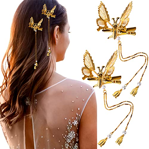 2 PCS Cute Mini Butterfly Hair Clips for Women - 90s Style Tassel Hair Barrettes for Thin & Thick Hair - Gold Hair Styling Accessories for Girls & Women - Perfect for School, Parties & Everyday Wear