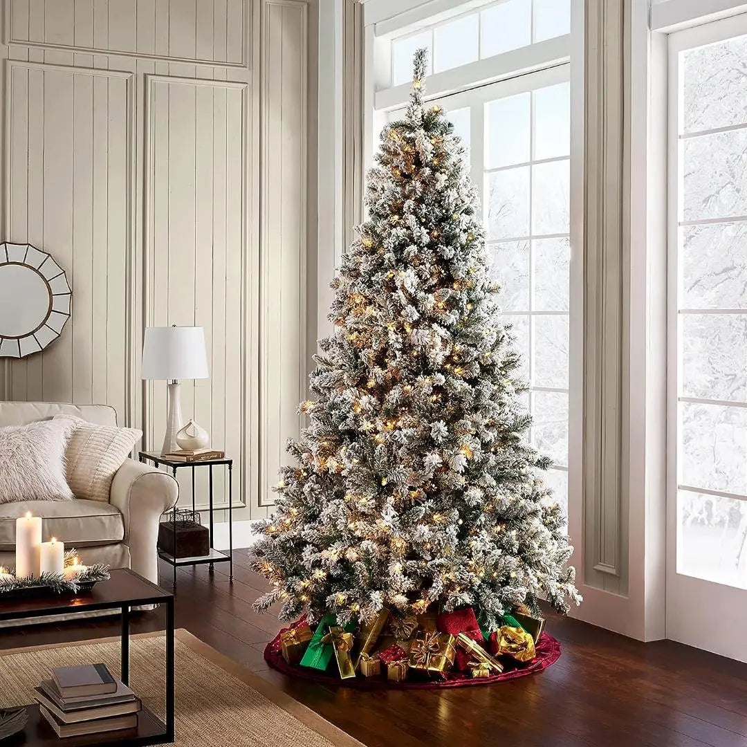 6'/7.5'/9' Flocked Snow Christmas Tree with Pine Cones & Warm White LED Lights - Hinged Branches & Sturdy Metal Stand for Holiday Home Decor, Office, and Party Decoration
