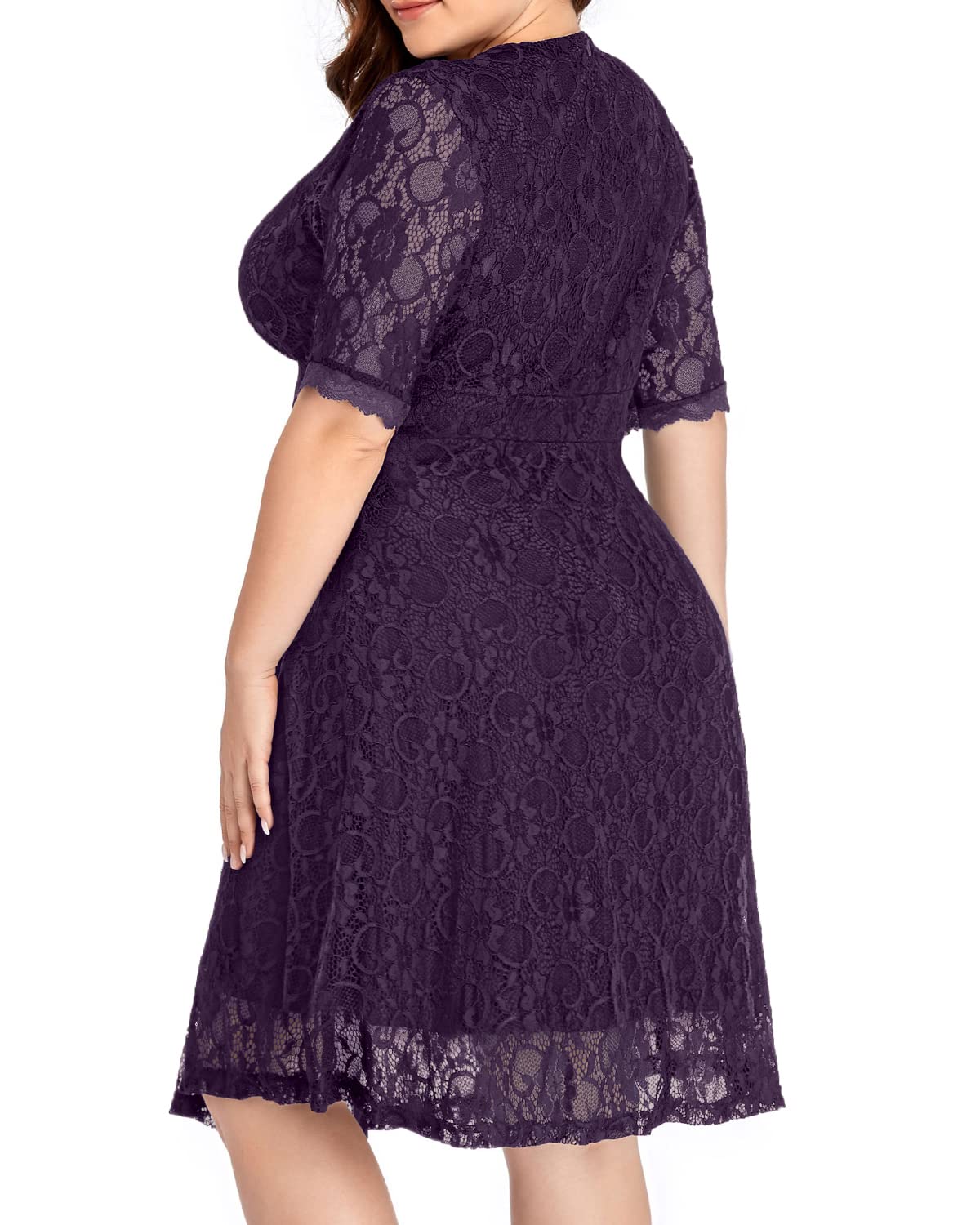 Plus Size Women's Lace Wrap V-Neck Knee-Length Dress for Wedding Guest, Cocktail Party & Semi-Formal Occasions - Elegant & Comfortable Formal Wear