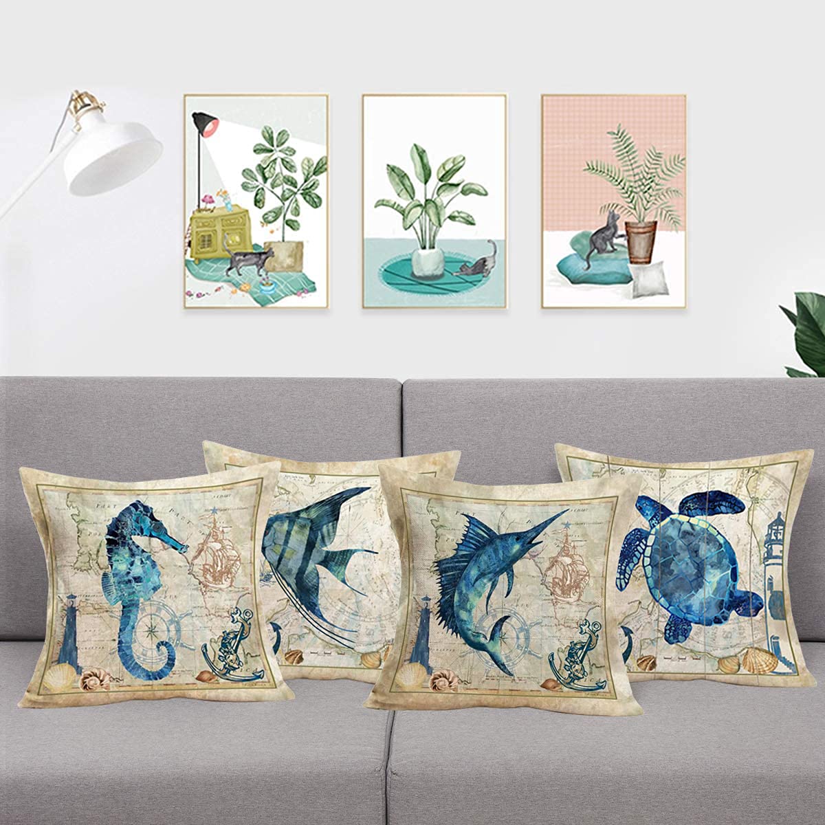 Xihomeli 18x18 Inch Beach Ocean Theme Throw Pillow Covers Set of 4 - Blue Sea Horse, Turtle, Swordfish & Angel Fish Design - Cotton Linen Blend for Sofa, Bed, Couch Decor - Perfect for Coastal, Nautical & Beach House Living Room Bedroom Decoration