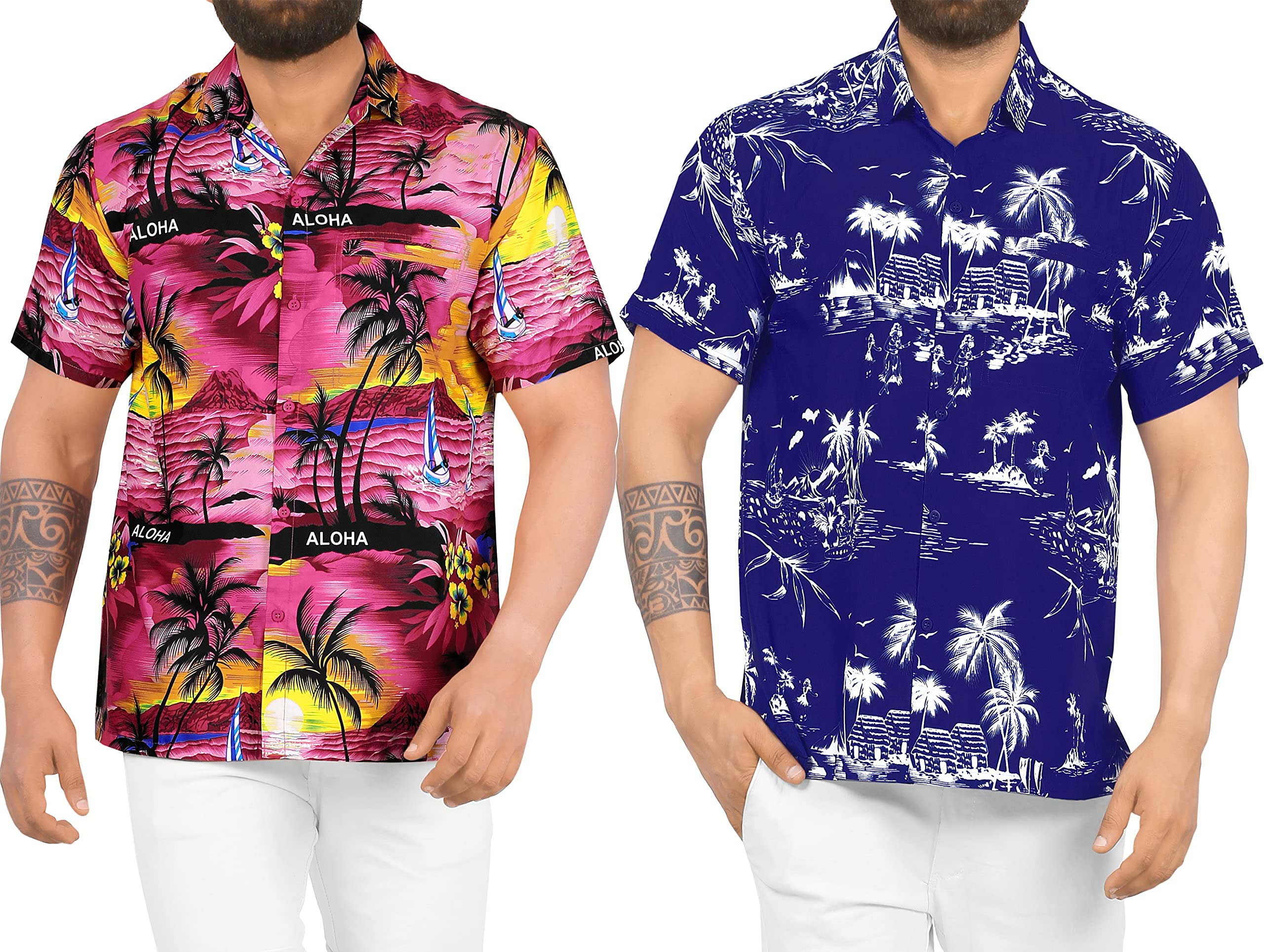 LA LEELA Men's Funny Beach Shirt with Front Pocket - Relaxed Fit Hawaiian Aloha Shirt in Pink & Blue - Perfect for Summer Vacations, Beach Parties, and Tropical Getaways