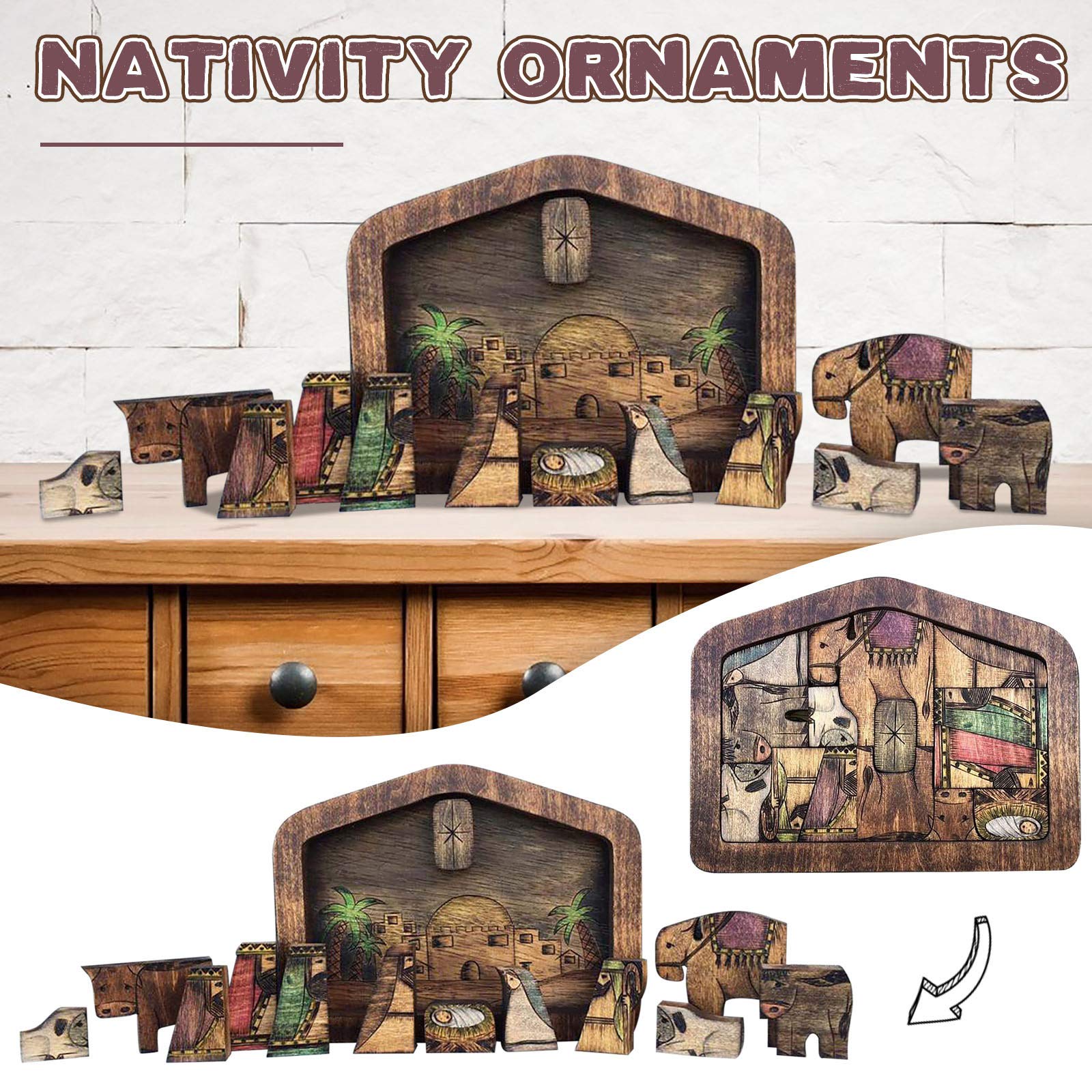 Handcrafted Wooden Nativity Puzzle - Jesus Puzzle Statue with Pyrography Design, Religious Jigsaw Puzzle for Adults & Kids, Christmas Home Decor, Unique Birthday Gift (7.9