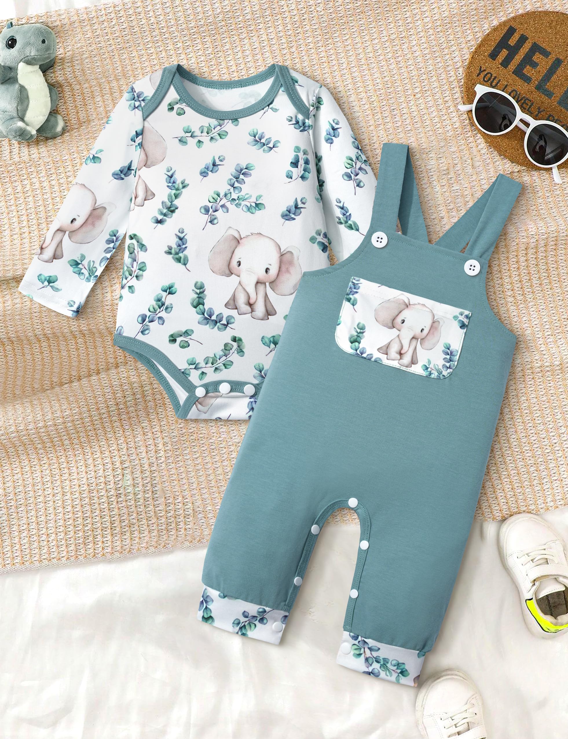 Adorable Baby Boy Clothes - Long Sleeve Animal Print Romper & Plaid Overalls Jumpsuit | Soft Cotton Outfits for Newborns & Infants | Perfect for Playdates, Photo Shoots & Everyday Wear