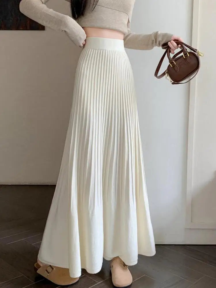 Women's Black High Waist Elastic Skirt - Korean Retro Style A-Line Pleated Long Skirt for Autumn Winter | Elegant Beige Color for Vacation, Party & Office Wear