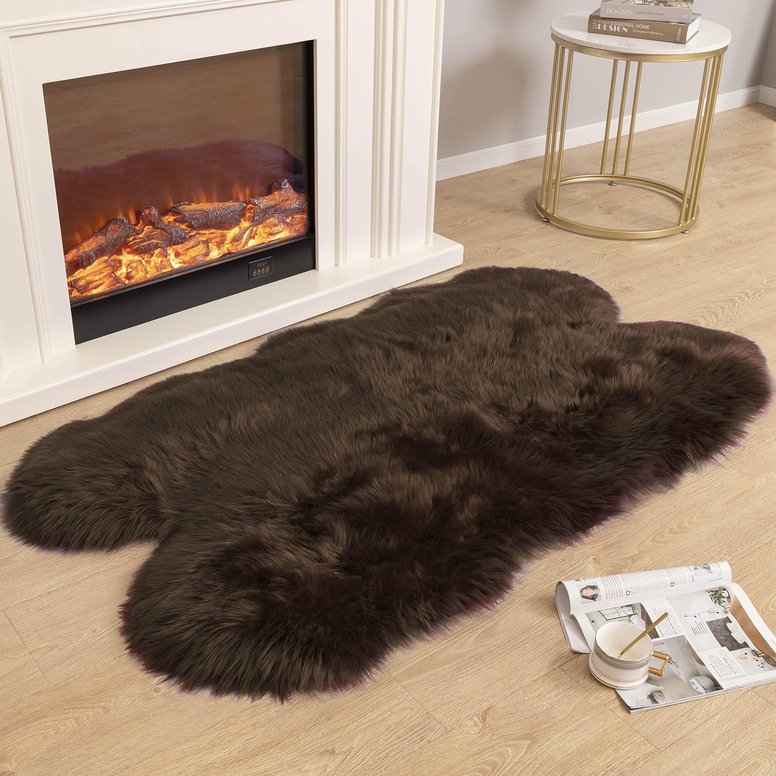 Soft Fluffy Faux Sheepskin Fur Area Rug 3x5 Feet - Cozy Brown Shaggy Rug for Bedroom, Living Room & Sofa | Perfect for Floor Decor, Pet Bed & Winter Warmth