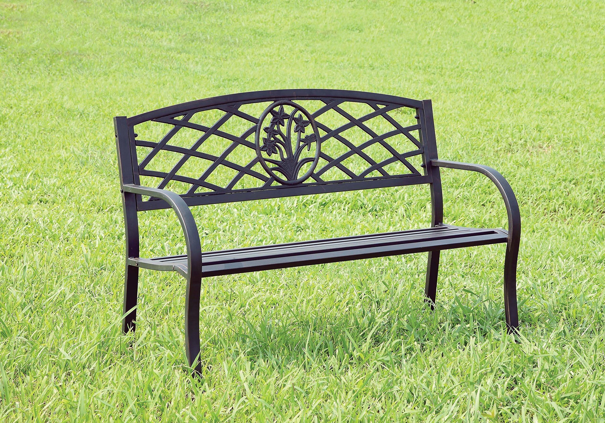 Dolce Contemporary Outdoor Bench with Back - Steel Patio Chair with Floral Dragonfly Design, Lattice Style - Bronze Garden Furniture for Backyard, Front Porch, Lawn (Perfect for Relaxing in Your Outdoor Space)