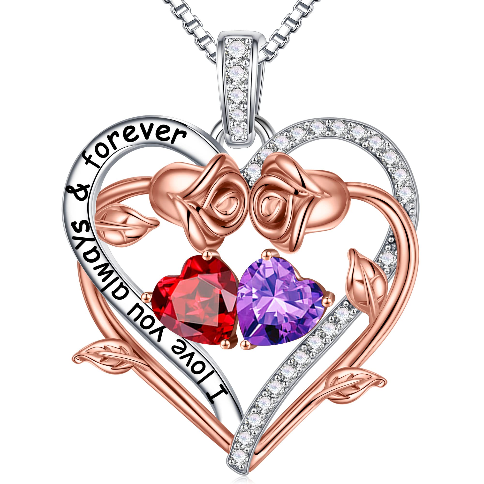 Rose Heart Double Birthstone Necklace for Women - Personalized Jewelry Gift for Wife, Girlfriend, Mom & Grandma - February & August Birthstone Pendant - Perfect for Valentine's Day, Anniversary & Birthday Gifts