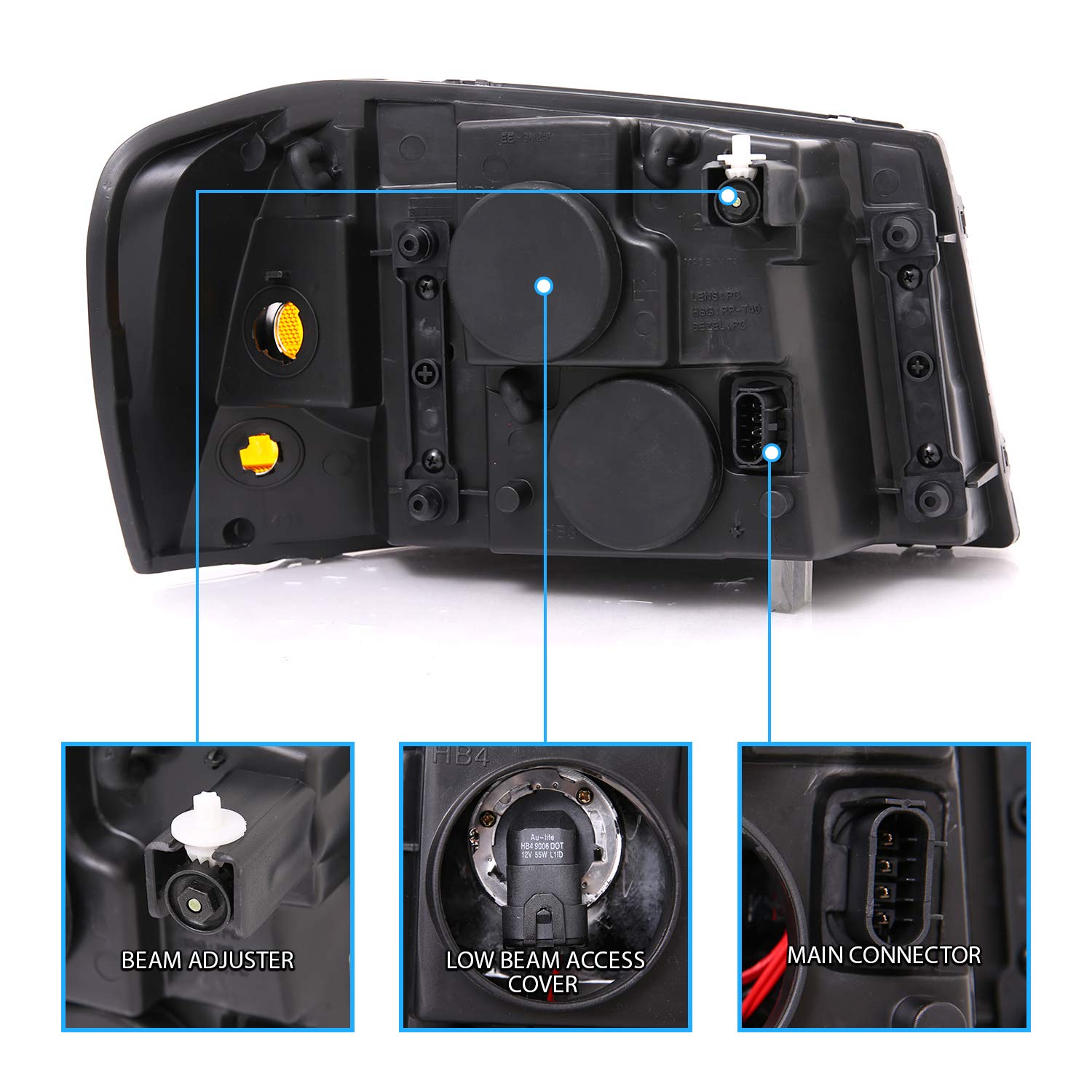 AmeriLite Black Replacement Headlights Set for GMC Envoy - Left & Right Side with Hi/Lo Beam Bulbs | Durable Auto Lighting Upgrade for Night Driving & Off-Road Adventures