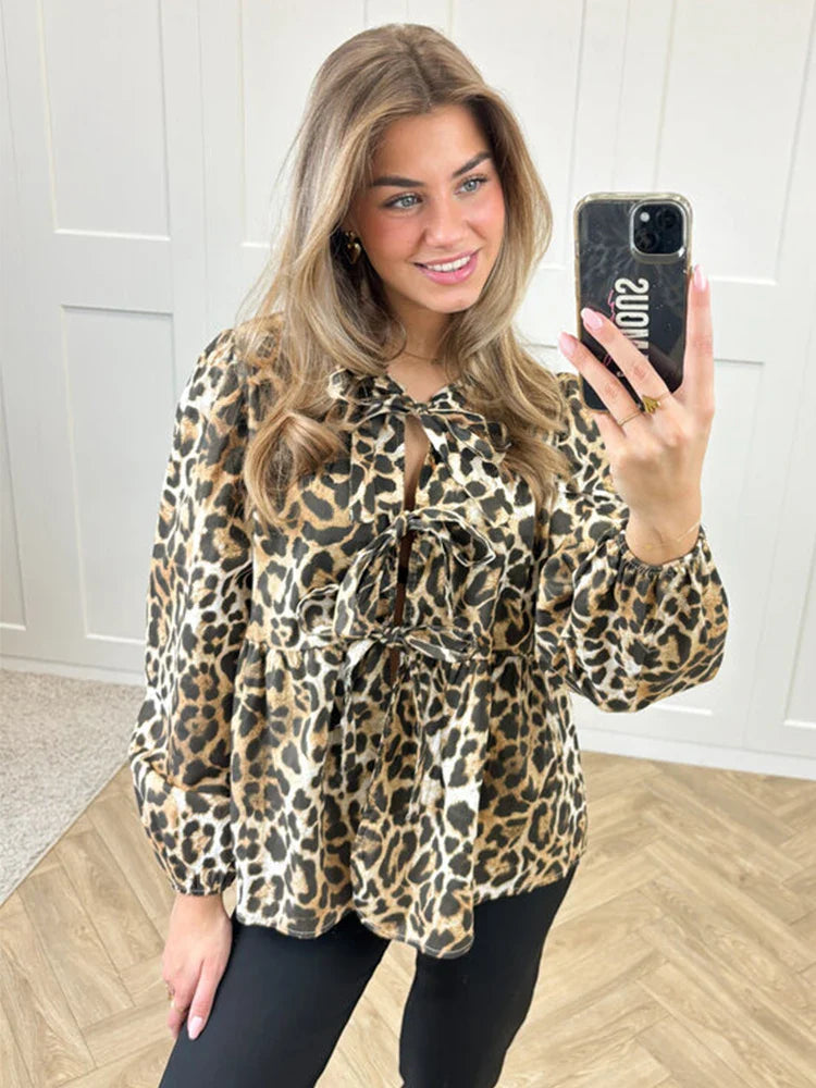 Stylish Leopard Print Long Sleeve Blouse for Women - Y2K Fashion Loose Fit Lace-Up Top for Spring/Summer - Perfect for Casual Outings, Date Nights & Streetwear Looks