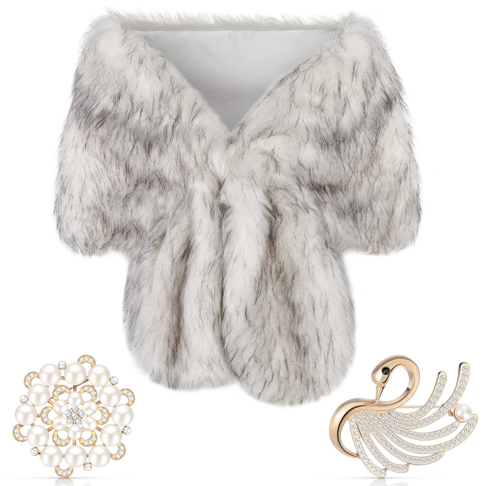 Elegant Faux Fur Shawl Wrap Stole for Women - Winter Bridal Wedding Scarf with Pearl Rhinestone Brooches - 1920s Vintage Style Accessory for Evening Parties & Special Occasions