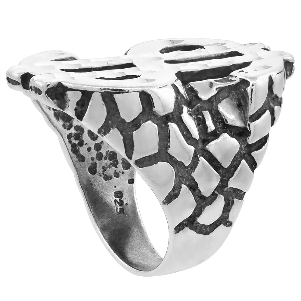 Sterling Silver Dollar Sign Ring - Oxidized Diamond Cut 1 5/16
