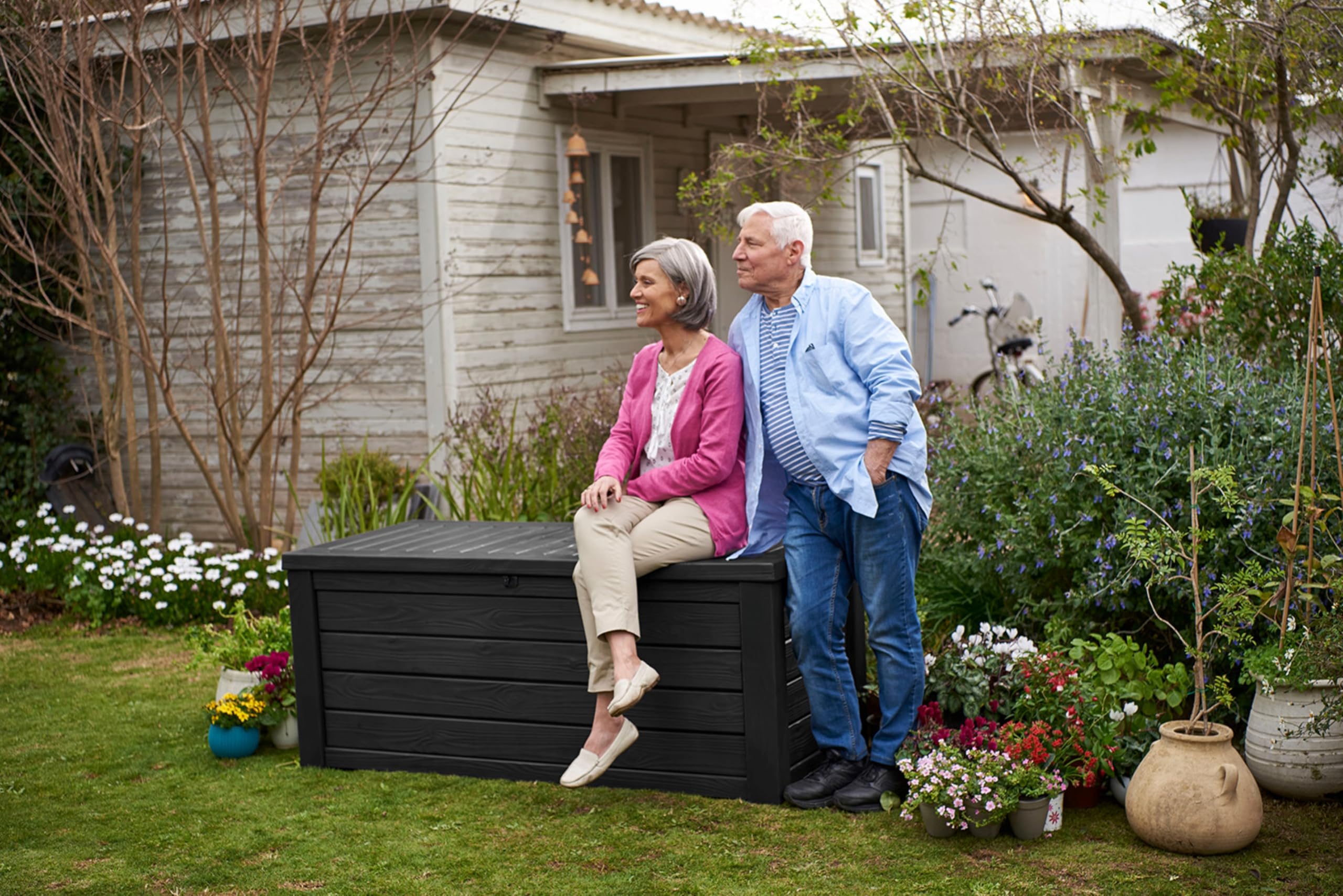 Keter 150 Gallon Outdoor Storage Deck Box - Waterproof Resin Patio Bin with Bench Seat - Dark Grey - Perfect for Backyard, Garden & Poolside Storage