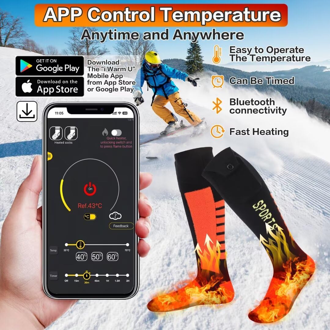 Rechargeable 5000mAh Electric Heated Socks for Men & Women with APP Control - Washable Foot Warmers for Hiking, Riding, Camping, Skiing & Outdoor Winter Activities