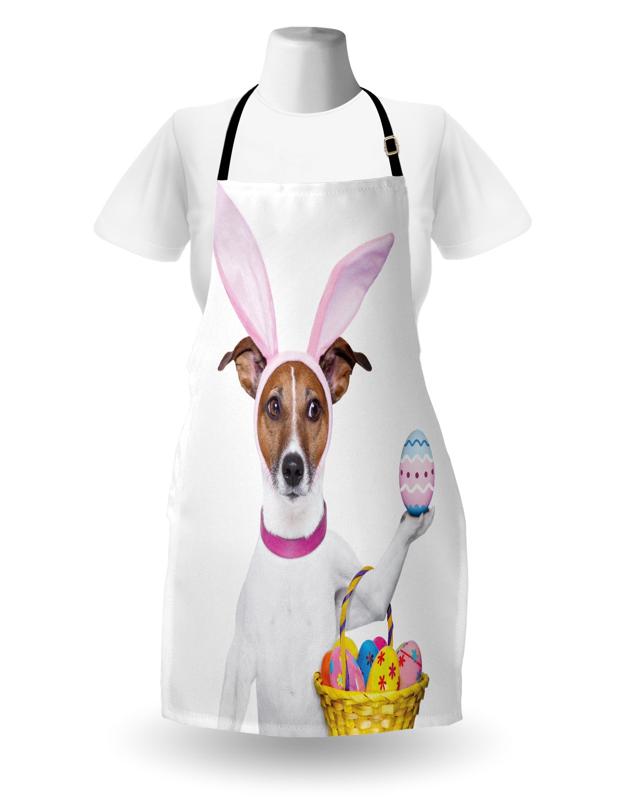 Ambesonne Easter Apron - Funny Dog Dressed as Easter Bunny Holding Egg Basket - Adjustable Unisex Kitchen Bib for Cooking, Baking, Gardening - Perfect for Easter Celebrations, Holiday Cooking & Spring Parties