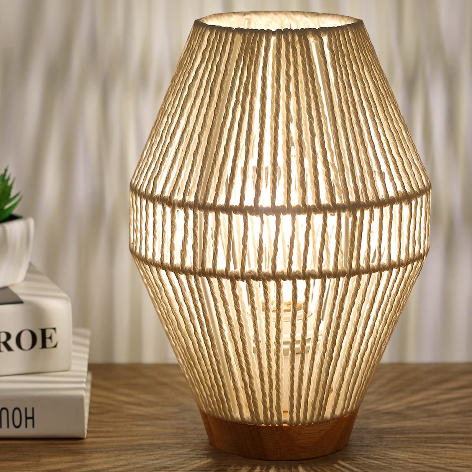 Boho Table Lamp - Small White Rustic Rattan Woven Cage Nightstand Lamp with Paper String Shade, UL Listed for Bedroom, Living Room, Kids Room & Coffee Bar Decor - Turkish Lantern Style Ambient Lighting for Cozy Nights & Relaxing Evenings