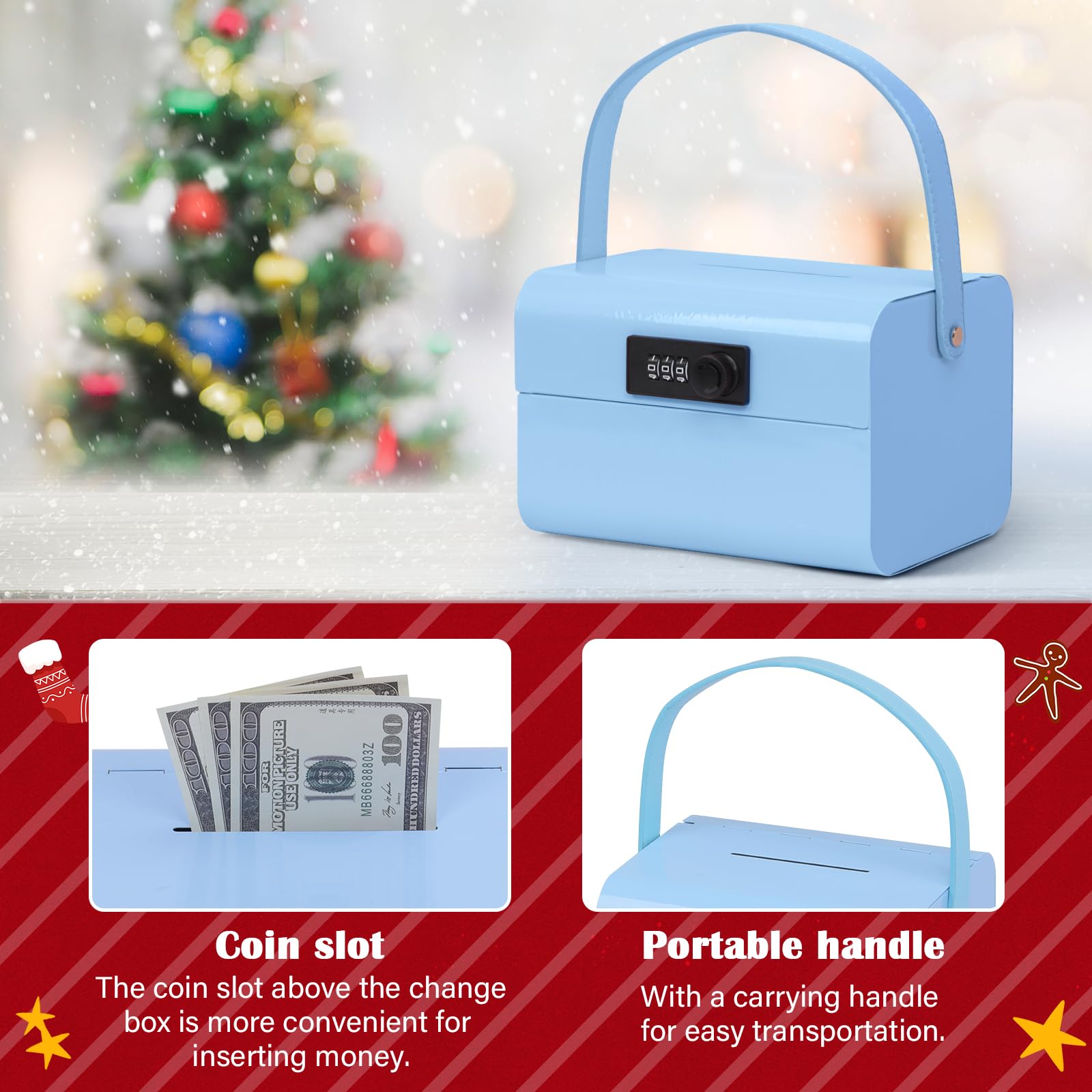 GOLDENKEY Kids Cash Box with Lock & Slot - Blue Metal Piggy Bank with Stickers for Boys & Girls - Portable Money Safe Box for Savings - Perfect Birthday Gift & Financial Learning Tool for Home, School & Playroom