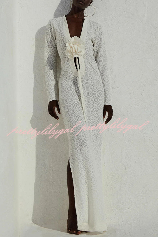 Spanish Breeze Lace Deep V Neck Long Sleeve Maxi Dress with Removable Flowers & High Slit - Perfect for Beach Vacations, Summer Weddings & Boho Photoshoots
