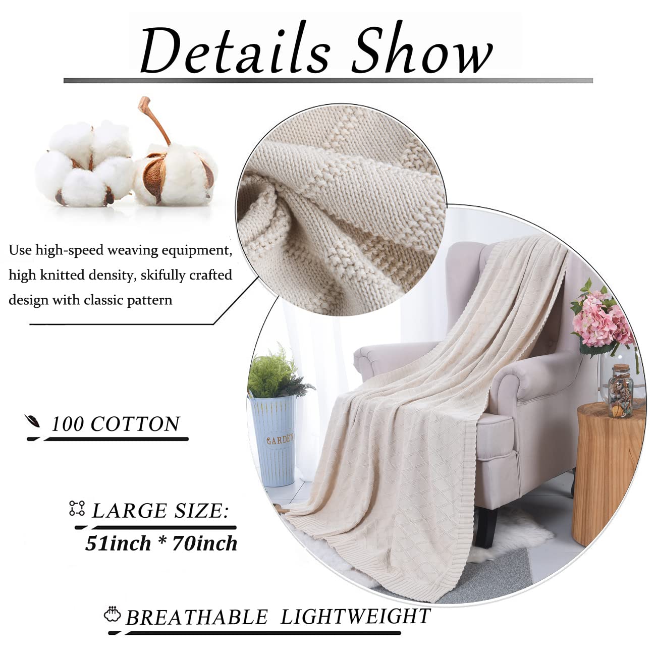 Soft Cozy Beige Cable Knit Throw Blanket for Couch, Sofa & Bed - 100% Cotton Woven Decorative Blanket for Fall & Winter - Perfect for Living Room, Bedroom & Home Decor