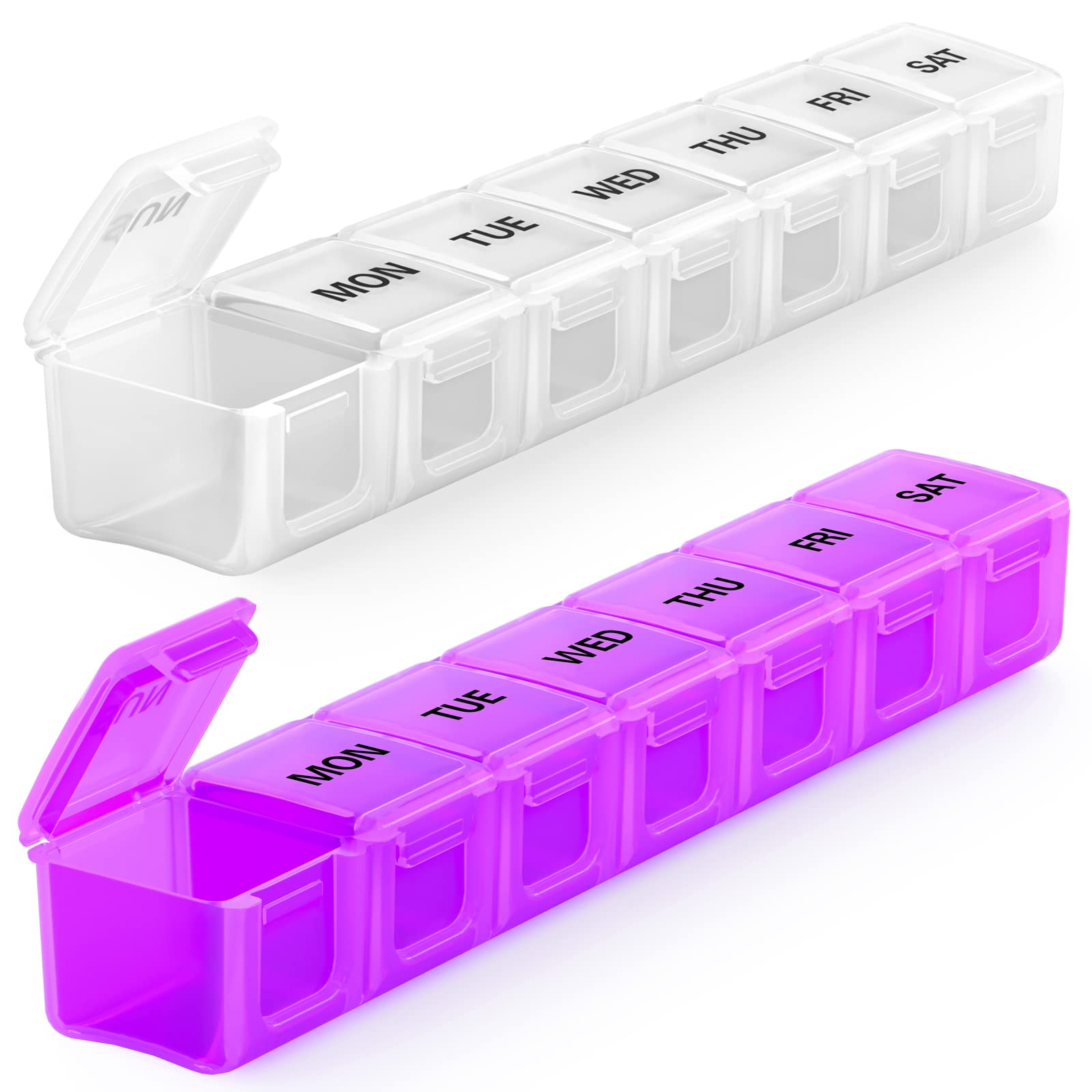BUG HULL Weekly Pill Organizer 2-Pack - Extra Large 7-Day Travel Pill Box for Vitamins, Supplements & Medications (White+Purple) | Perfect for Daily Medication Management & Travel Essentials