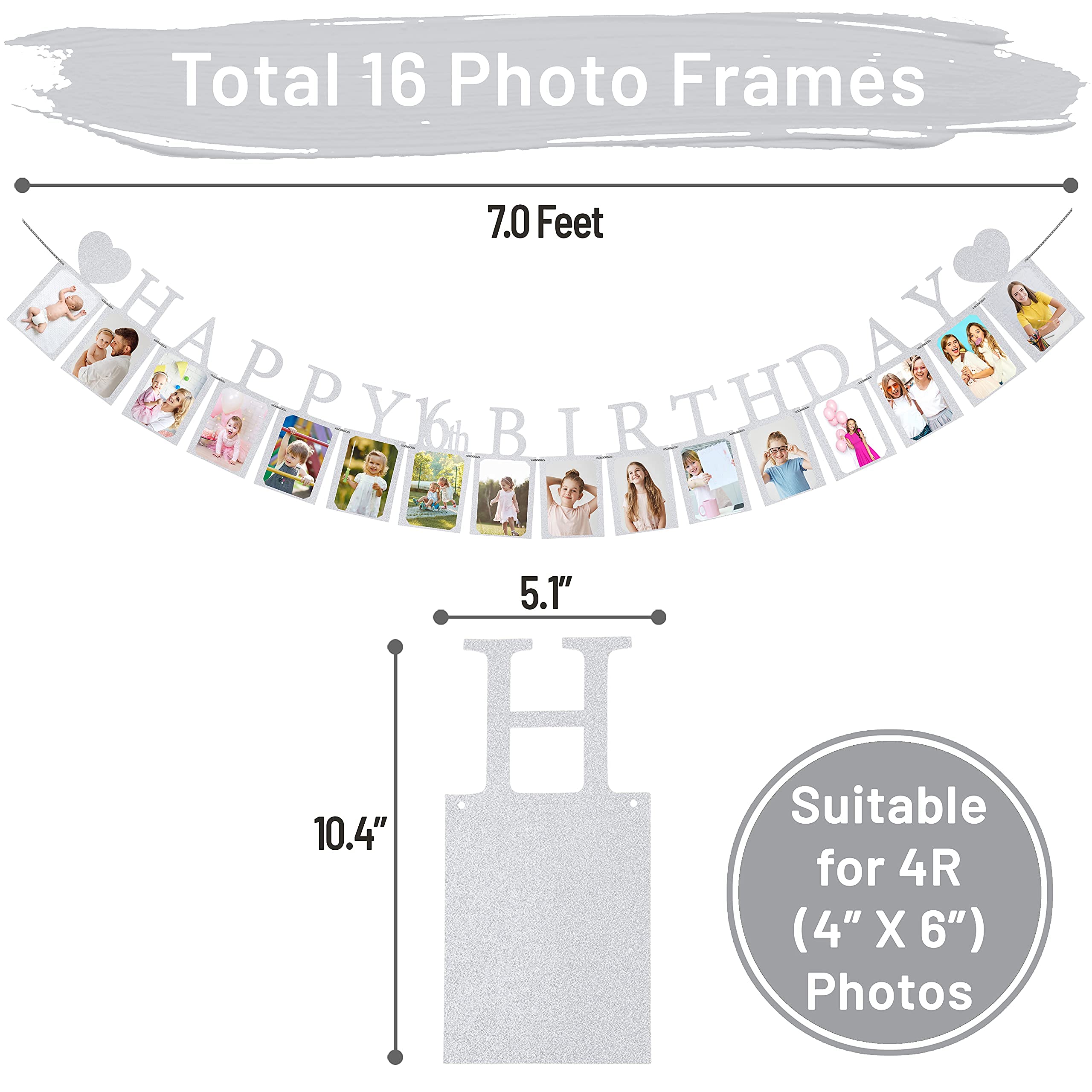 Sweet 16 Birthday Party Decorations - Silver Pre-Assembled Photo Banner with 16 Card Frames | Happy 16th Birthday Decor for Girls | Perfect for Sweet 16 Parties, Milestone Celebrations & Teen Birthday Photo Backdrops