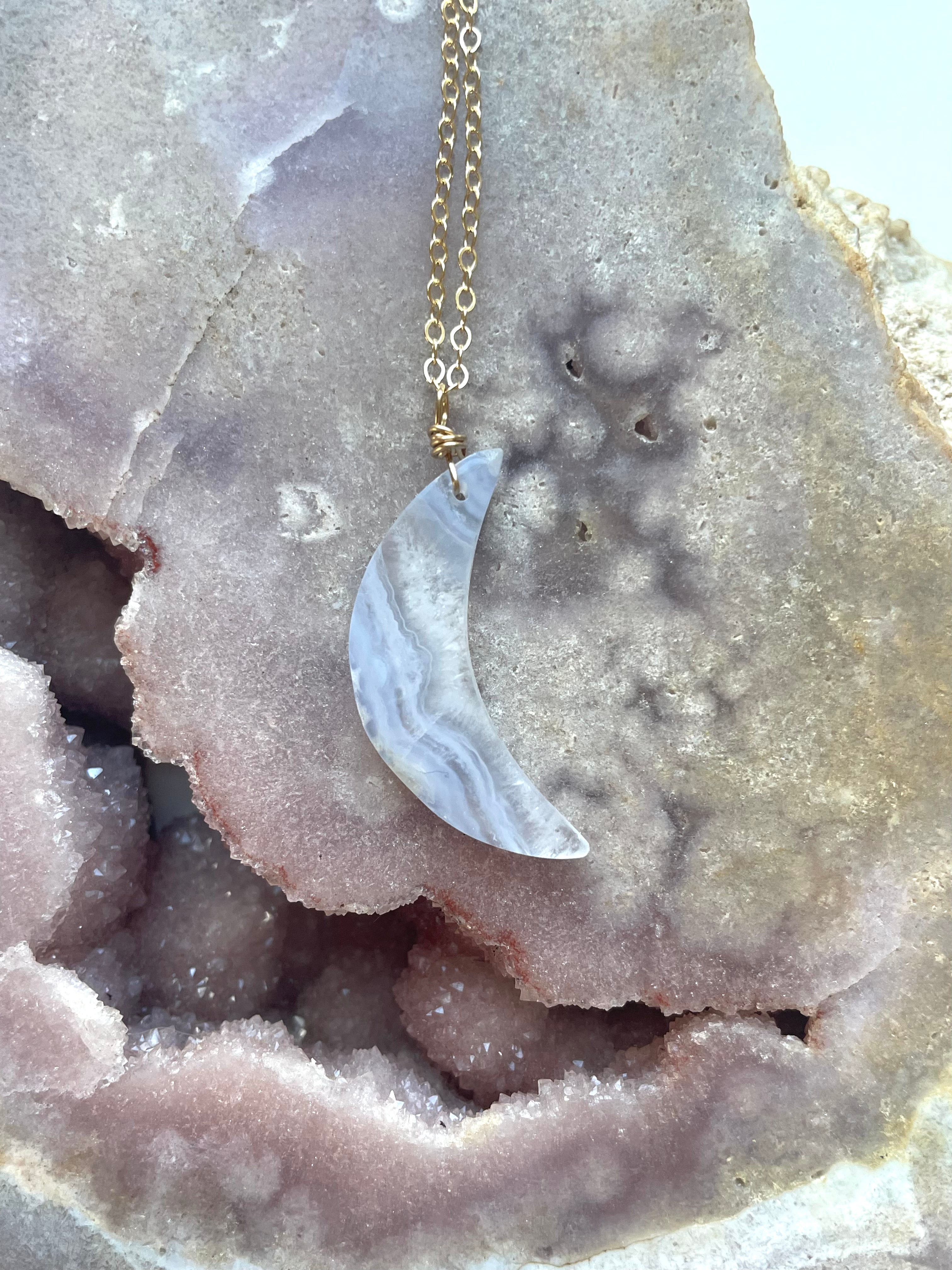 Blue Lace Agate Crescent Moon Necklace - Healing Crystal Pendant for Women | Boho Chic Jewelry for Meditation, Yoga & Spiritual Protection