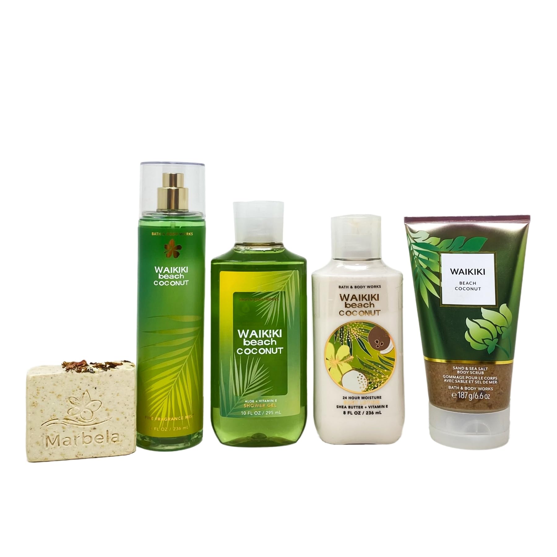 Bath & Body Works Waikiki Beach Coconut Gift Set - Fragrance Mist, Body Lotion, Shower Gel, Body Scrub & Creamy Rose Bar Soap (5-Piece Set) | Perfect for Spa Day, Self-Care & Tropical-Themed Gifts