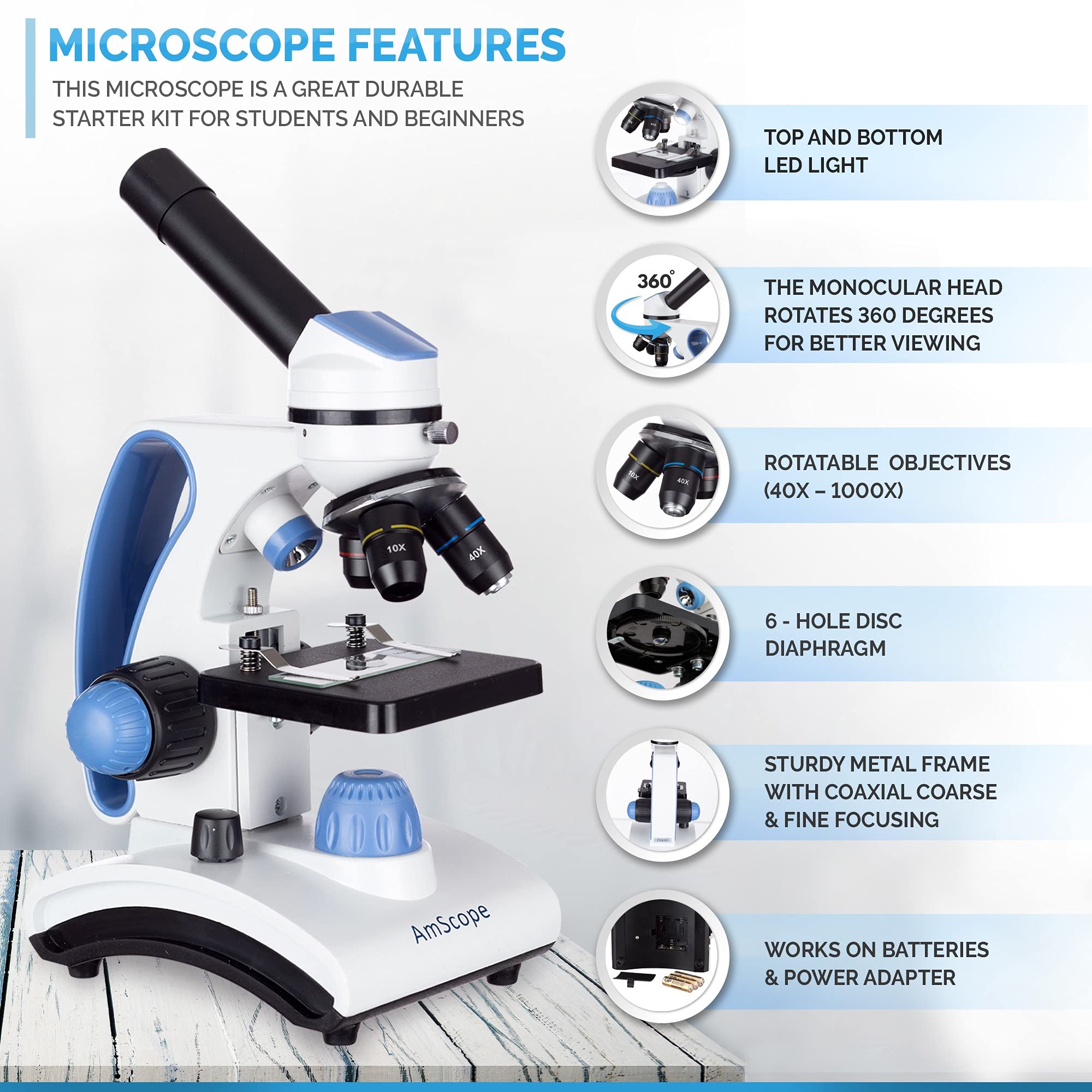 AmScope M162C-2L-PB10-WM 40X-1000X Dual LED Illumination Student Microscope Kit with Slides & Guide Book - Perfect for Kids Science Experiments, Biology Lab & Homeschool Learning - All Metal Construction in Blue