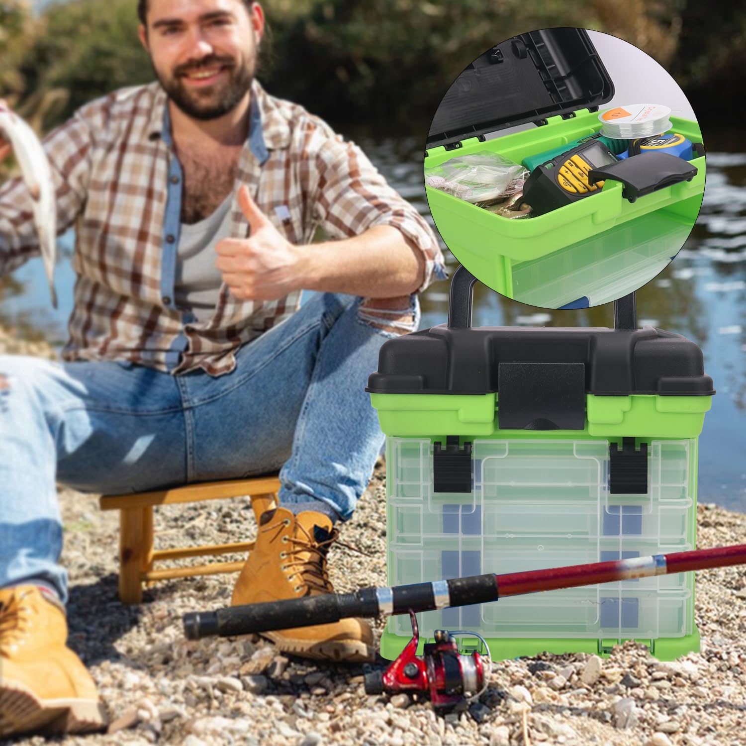 **KUKLIPJIM 4-Layer Fishing Tackle Box with Quick-Access Lid – Durable Storage for Fishing Gear, Hooks, Lures & Accessories (Green) – Perfect for Freshwater & Saltwater Fishing Trips**