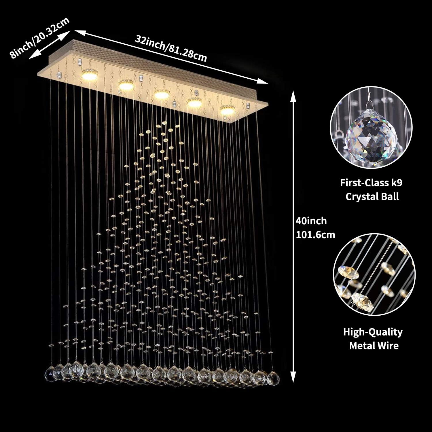Modern Crystal Rain Drop Chandelier - LED Flush Mount Ceiling Light Fixture for Bathroom, Living Room, Dining Room, Foyer, Bedroom & Hallway - 32
