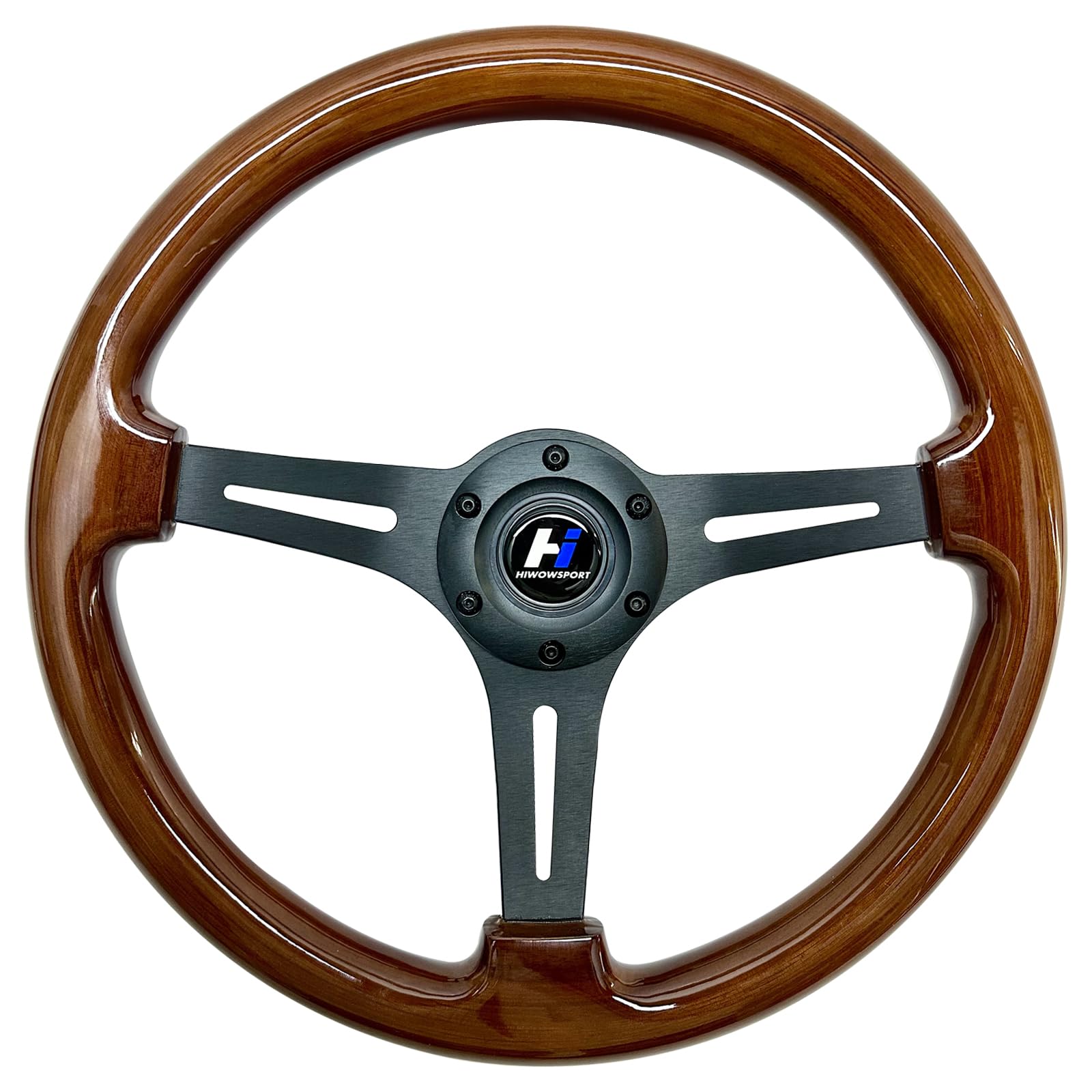 14 Inch Universal Classic Wood Grain Steering Wheel - Brushed 3 Spoke Design, 1.5 Inch Depth with Horn Button (6 Bolt Pattern) - Perfect for Car Restoration, Hot Rods & Vintage Vehicles