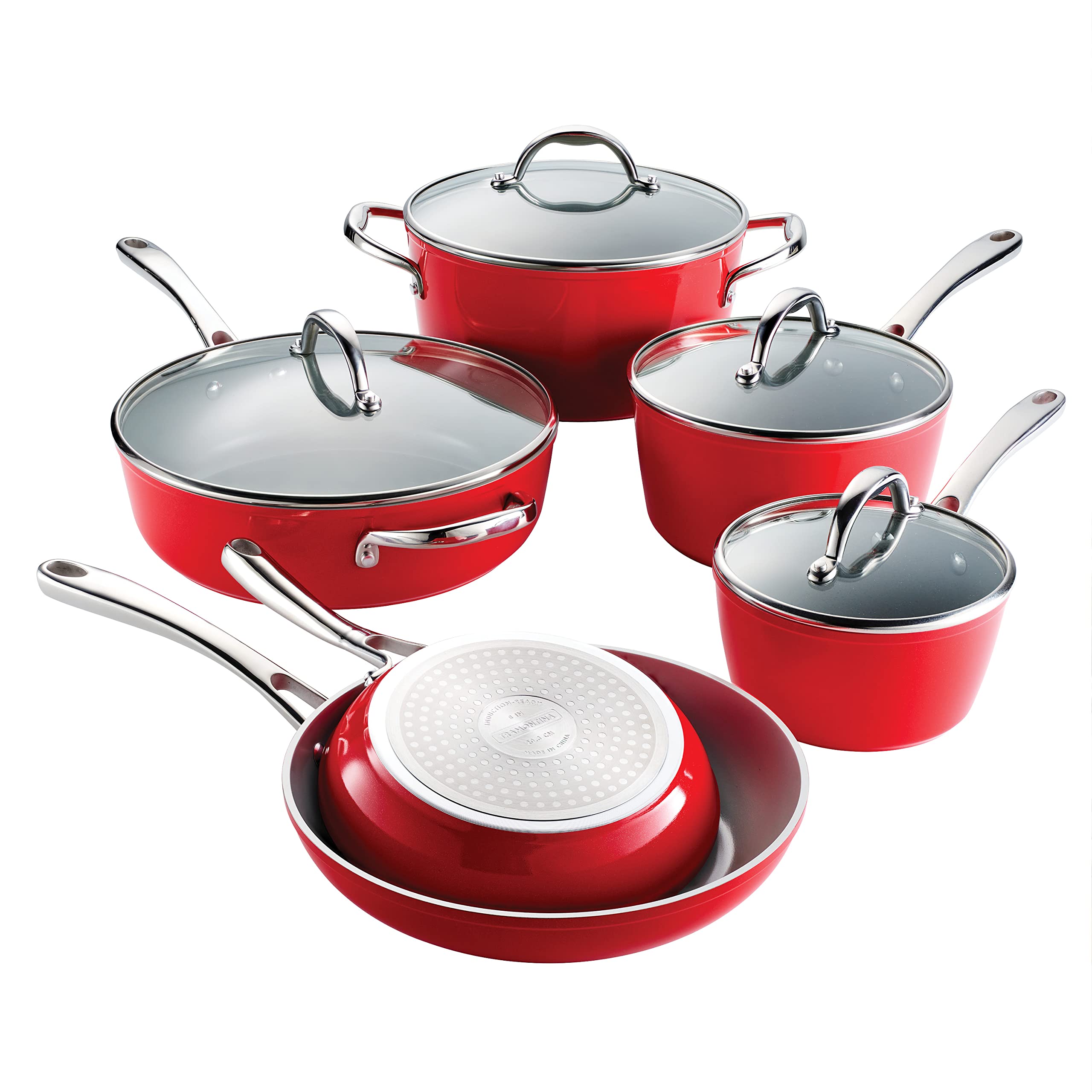 Tramontina 10-Piece Ceramic Non-Stick Cookware Set with Lids - Heavy-Gauge Aluminum Pots & Pans Kitchen Set - Oven & Dishwasher Safe - Scratch Resistant Coating - Red - Perfect for Frying, Boiling & Baking in Modern Kitchens