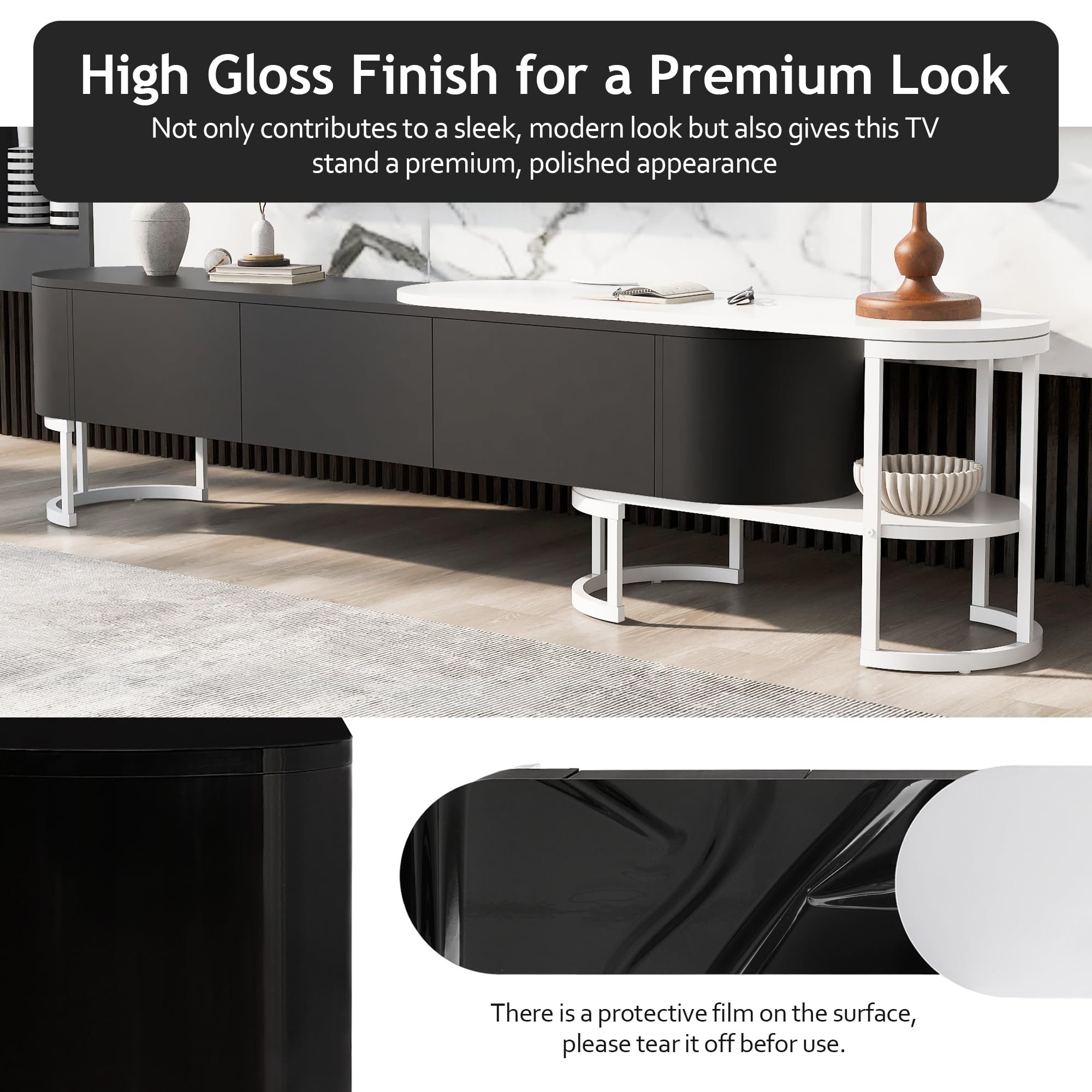 Modern Extendable TV Stand for 55-75 Inch TVs - Black Entertainment Center with 3 Storage Drawers & Adjustable Metal Legs (67.7-76.4